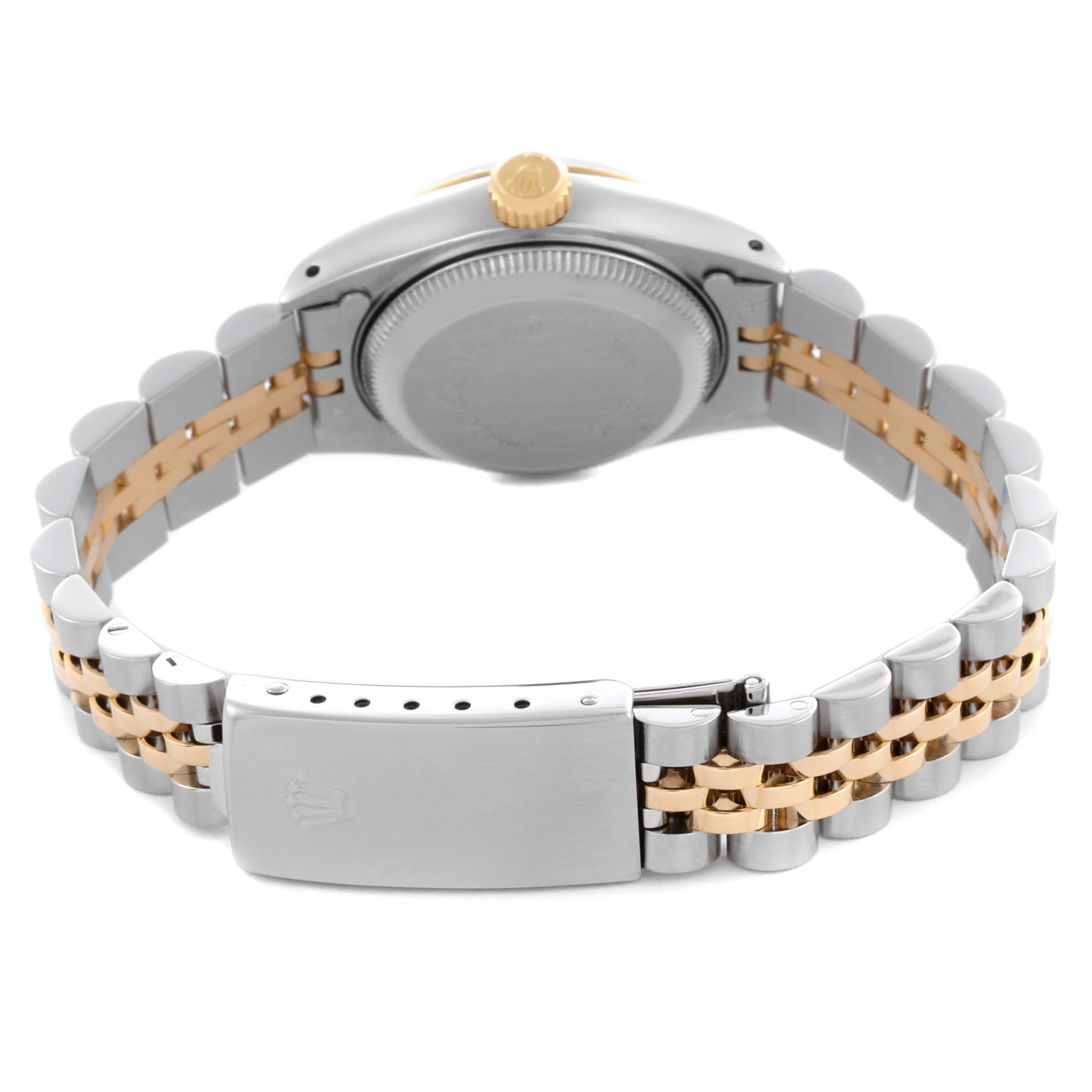 The image shows a Rolex Datejust 69173 Women's Steel and Gold (two tone) Champagne Dial 69173 Women's Steel and Gold (two tone) Champagne Dial watch from the back, highlighting the bracelet, clasp, and case back.