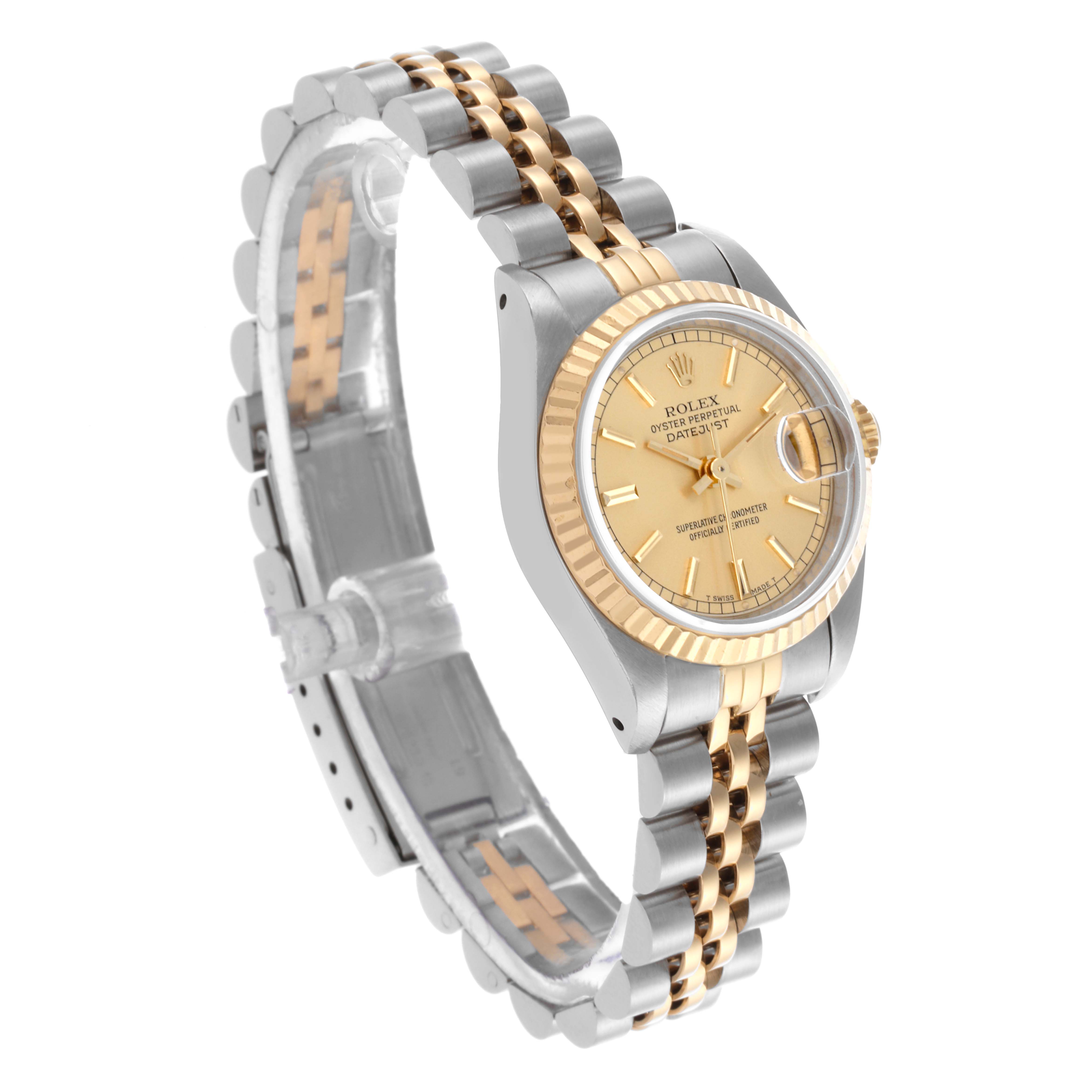 The Rolex Datejust 69173 Women's Steel and Gold (two tone) Champagne Dial 69173 Women's Steel and Gold (two tone) Champagne Dial watch is shown at an angled side view, highlighting the dial, two-tone bracelet, and bezel.
