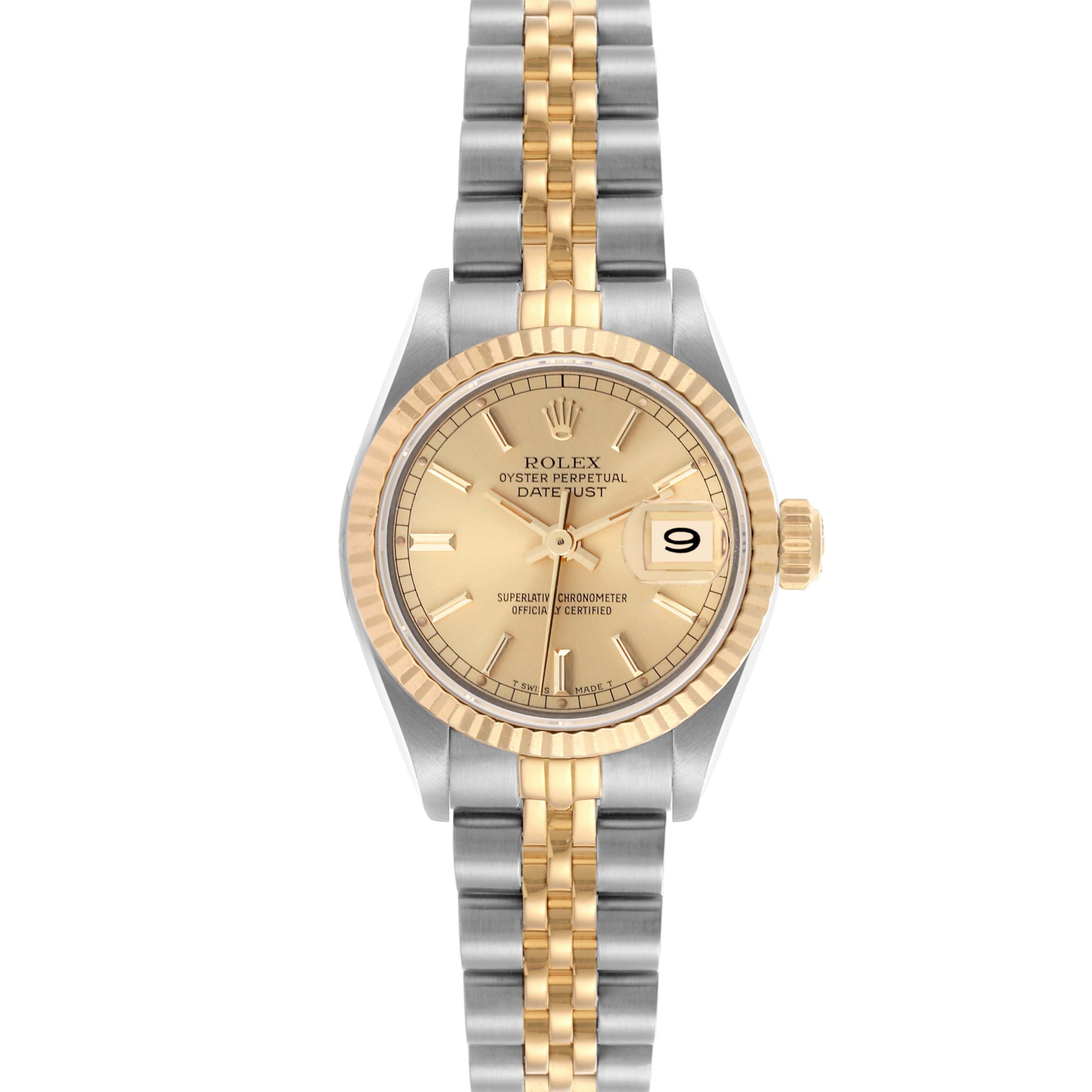 The Rolex Datejust 69173 Women's Steel and Gold (two tone) Champagne Dial 69173 Women's Steel and Gold (two tone) Champagne Dial watch is shown from a front angle, highlighting the dial, bezel, and two-tone bracelet.