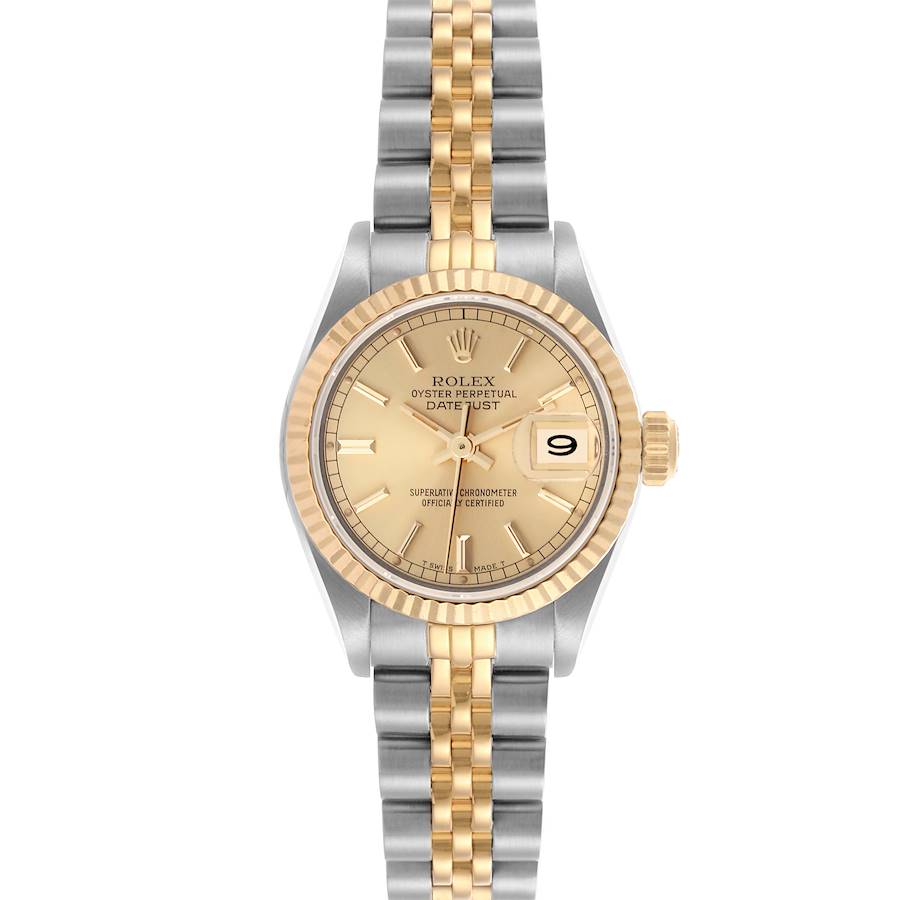 The Rolex Datejust watch is shown from a front angle, highlighting the dial, bezel, and two-tone bracelet.