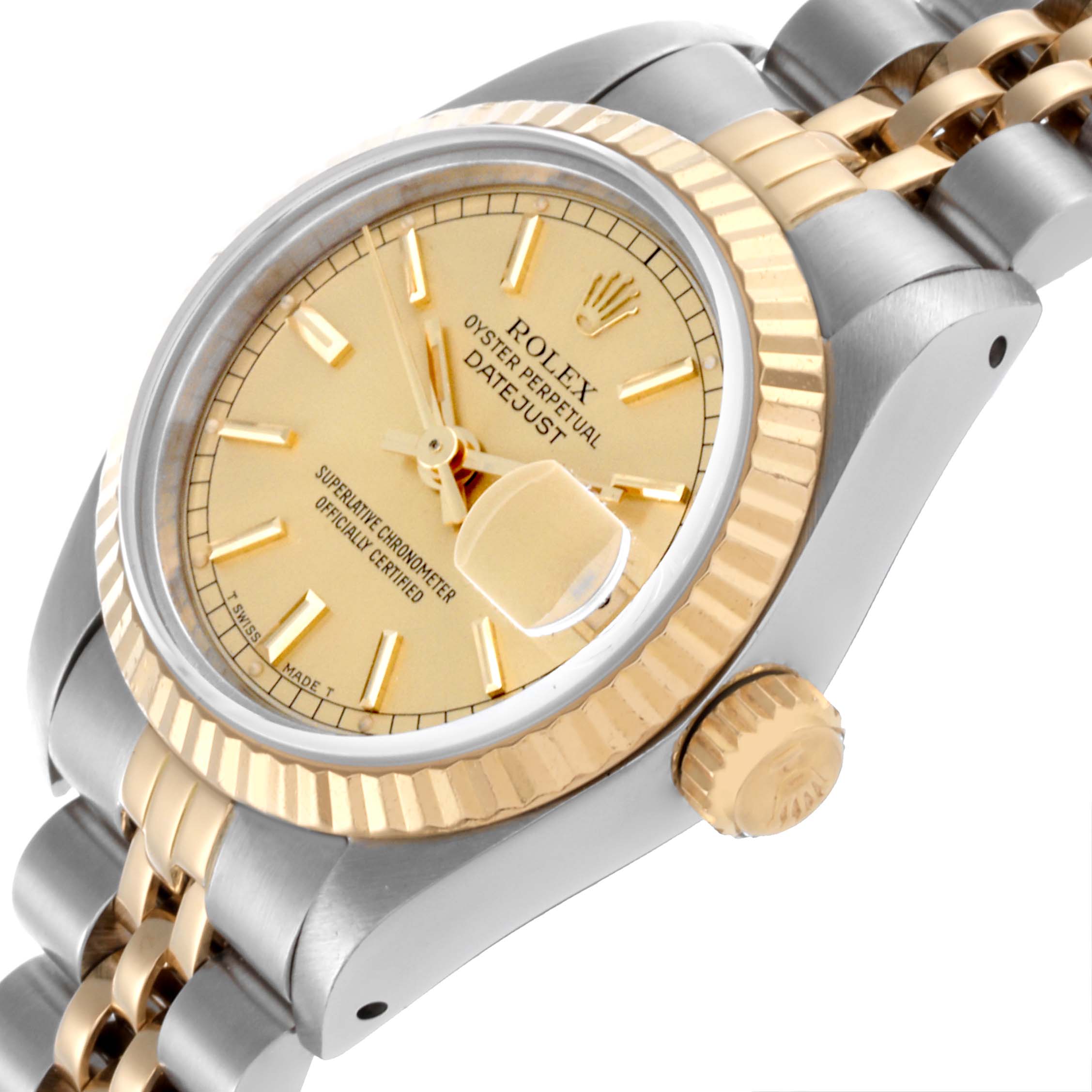 The Rolex Datejust 69173 Women's Steel and Gold (two tone) Champagne Dial 69173 Women's Steel and Gold (two tone) Champagne Dial watch is shown at a tilted angle, highlighting the gold dial, fluted bezel, and two-tone bracelet.