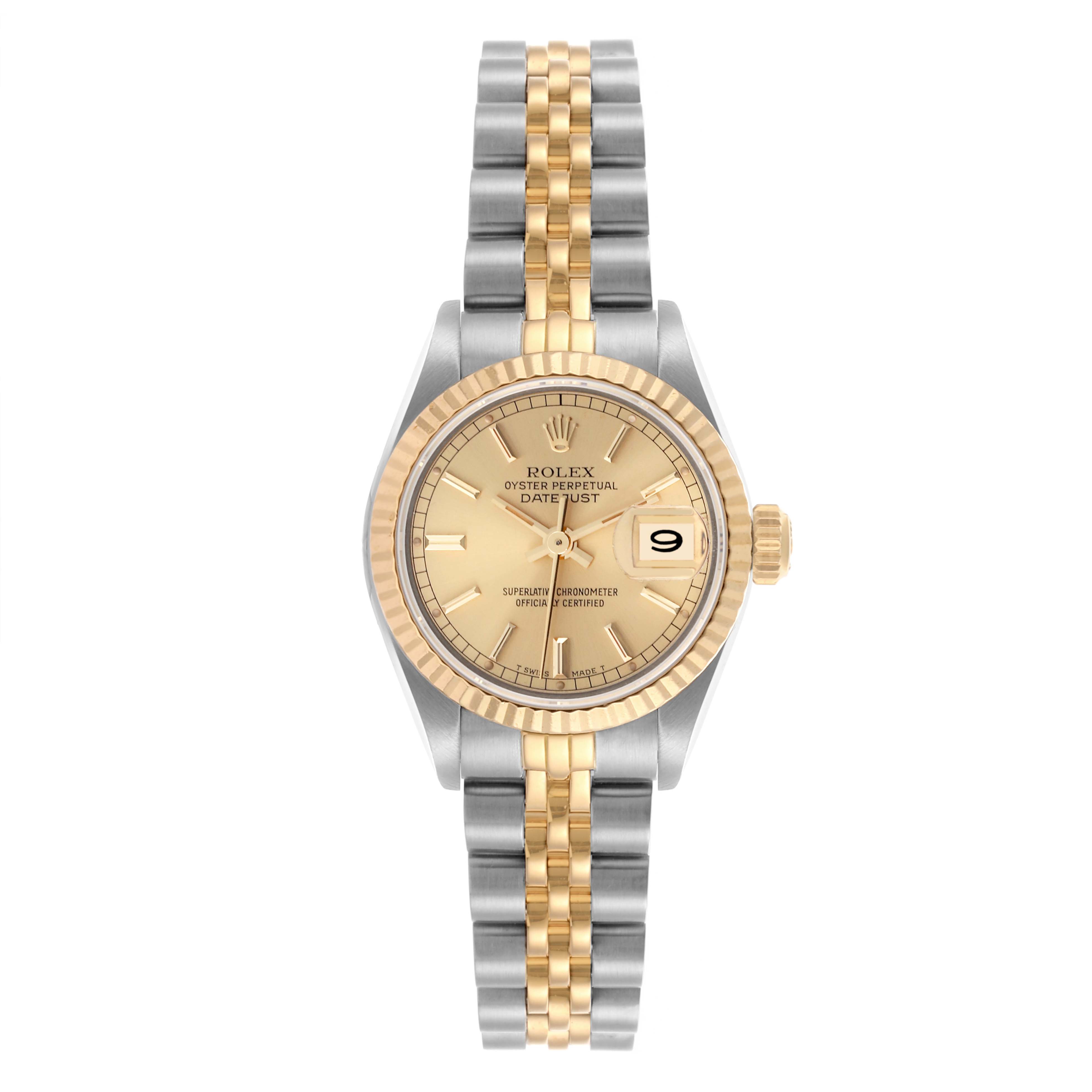 The Rolex Datejust 69173 Women's Steel and Gold (two tone) Champagne Dial 69173 Women's Steel and Gold (two tone) Champagne Dial watch is shown from a front angle, displaying the bezel, dial, hands, and two-tone bracelet.