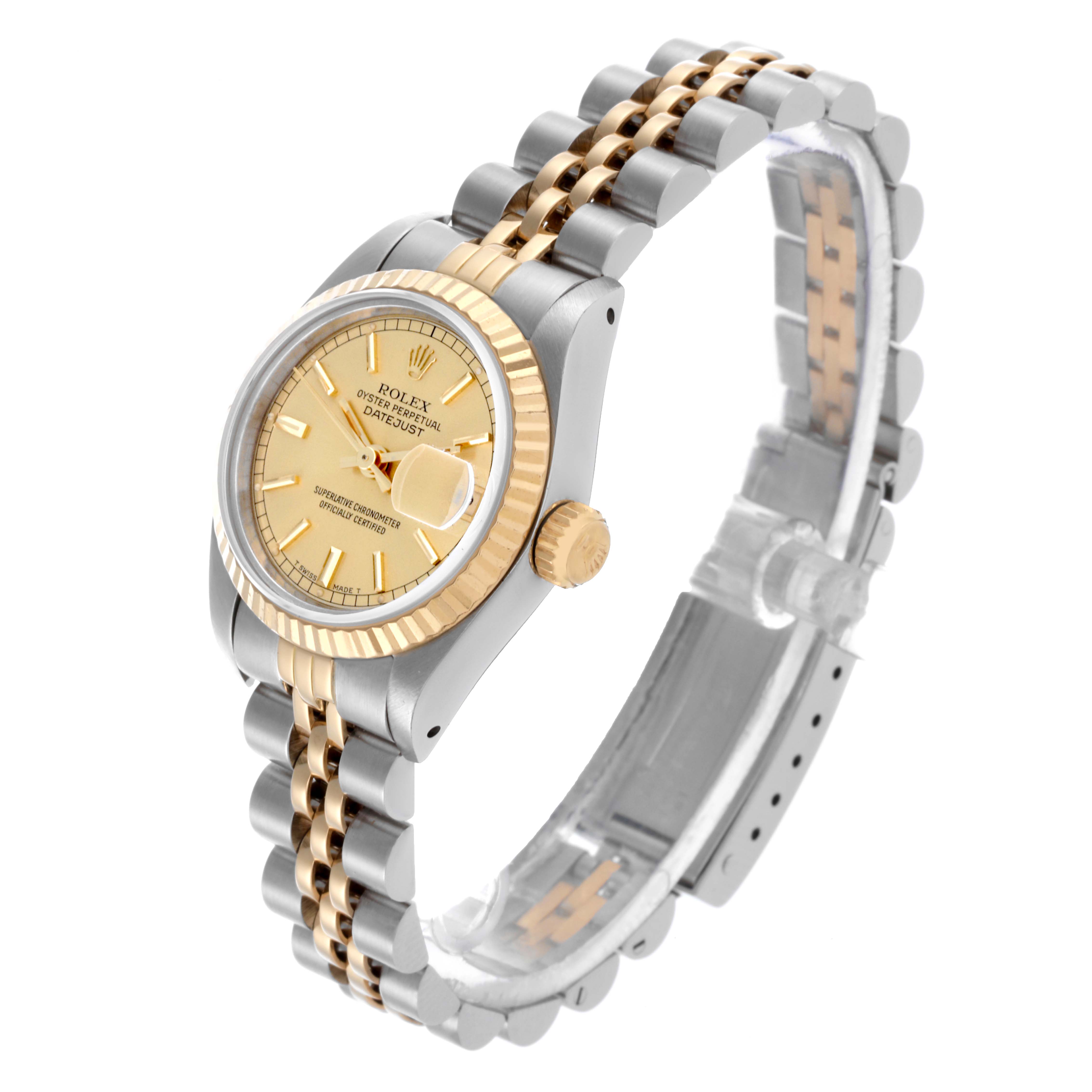 The Rolex Datejust 69173 Women's Steel and Gold (two tone) Champagne Dial 69173 Women's Steel and Gold (two tone) Champagne Dial watch is shown at a 3/4 angle view, highlighting the face, bezel, crown, and two-tone bracelet.