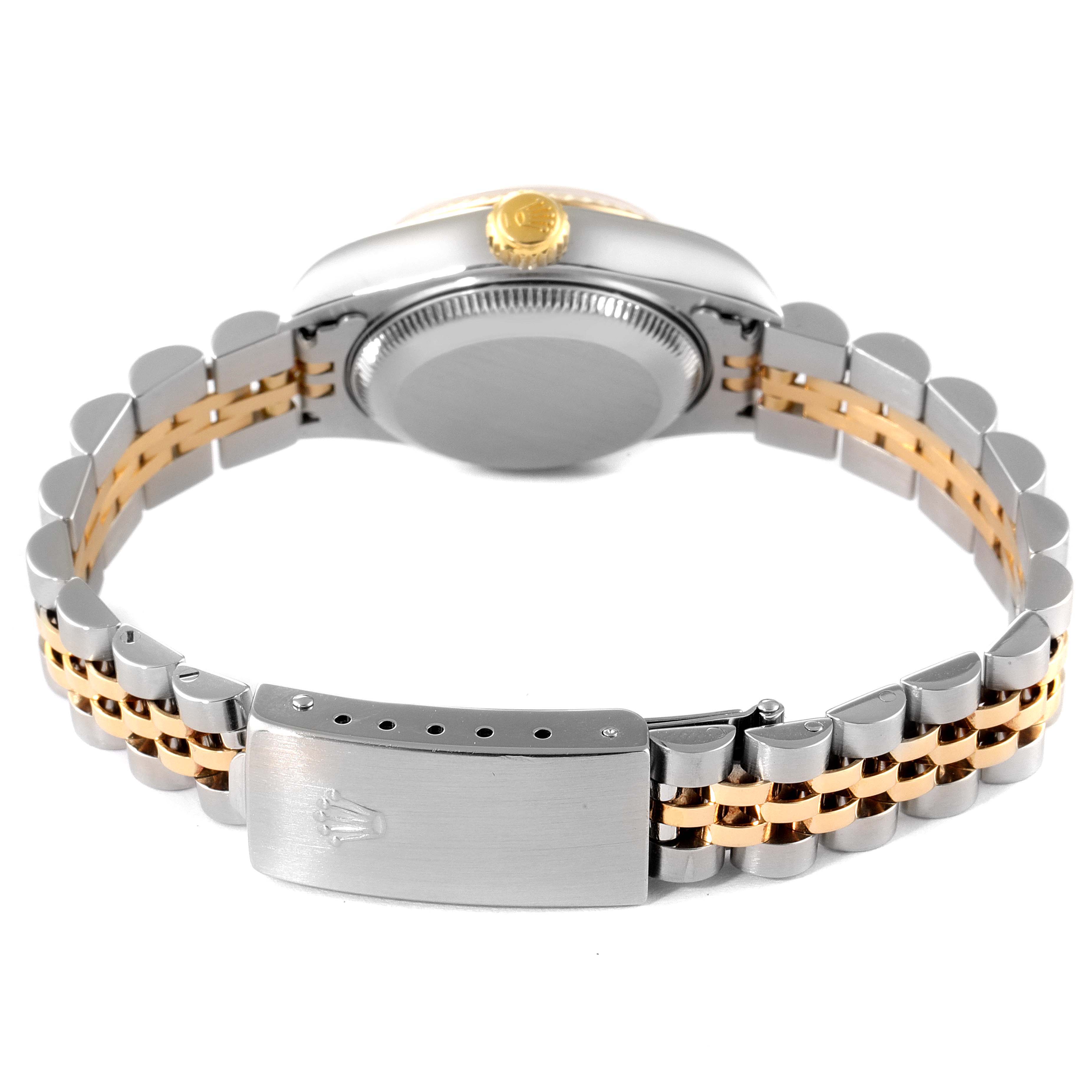 The image shows the back view of a Rolex Datejust 79173 Women
s Steel and Gold (two tone) Champagne Dial 79173 Women
s Steel and Gold (two tone) Champagne Dial watch focusing on the bracelet and clasp.