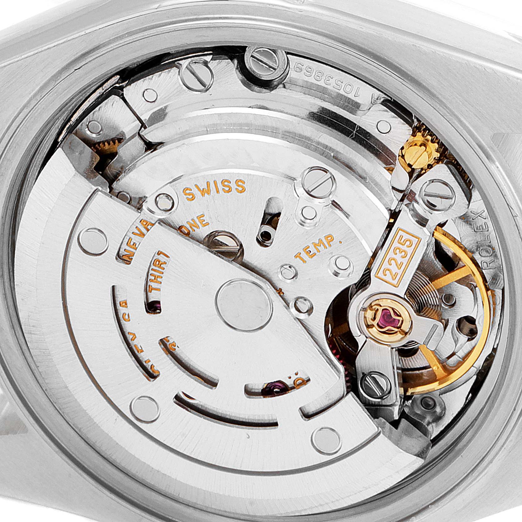 This is a close-up view of the movement inside a Rolex Datejust 79173 Women
s Steel and Gold (two tone) Champagne Dial 79173 Women
s Steel and Gold (two tone) Champagne Dial watch, showcasing its intricate inner mechanisms.