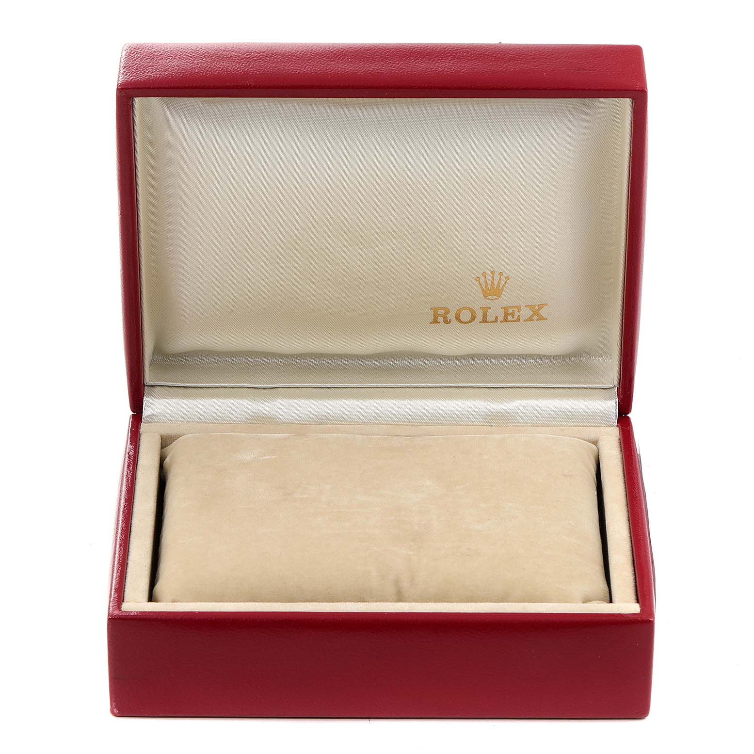 An empty Rolex Datejust 79173 Women
s Steel and Gold (two tone) Champagne Dial 79173 Women
s Steel and Gold (two tone) Champagne Dial watch box is shown open, revealing its interior cushion and Rolex branding.