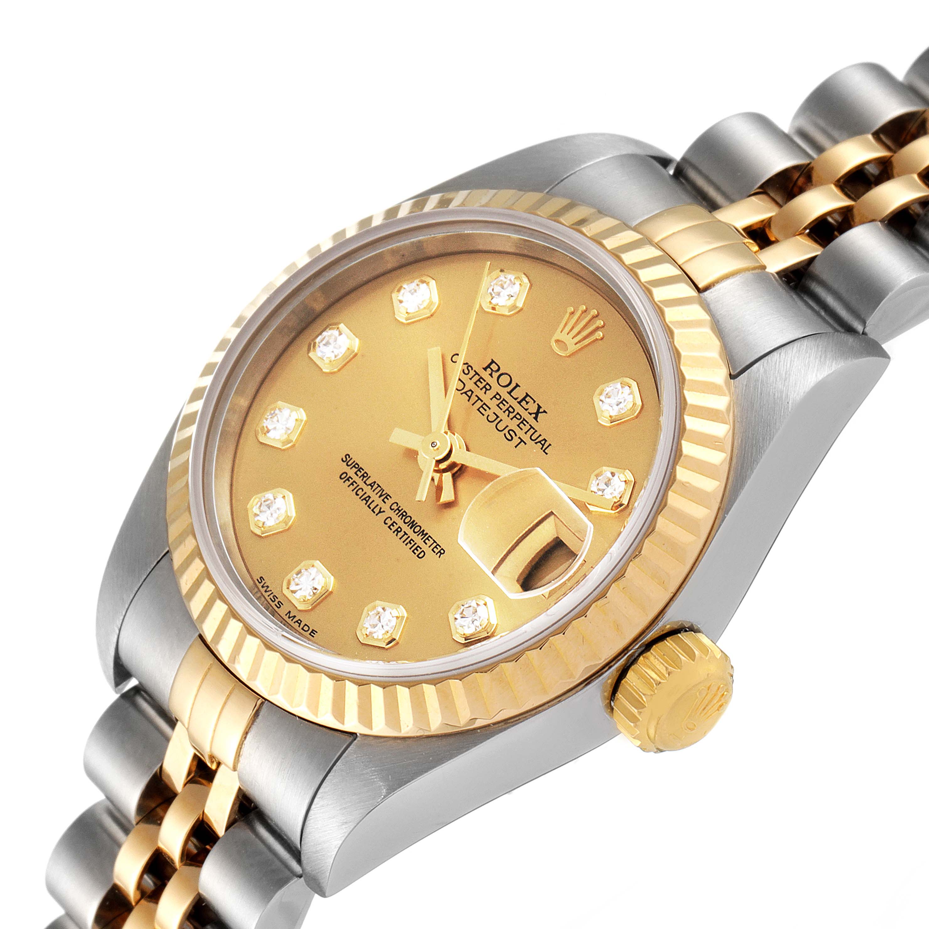 The image shows a Rolex Datejust 79173 Women
s Steel and Gold (two tone) Champagne Dial 79173 Women
s Steel and Gold (two tone) Champagne Dial model watch from an angled close-up view, highlighting the dial, bezel, and part of the bracelet.