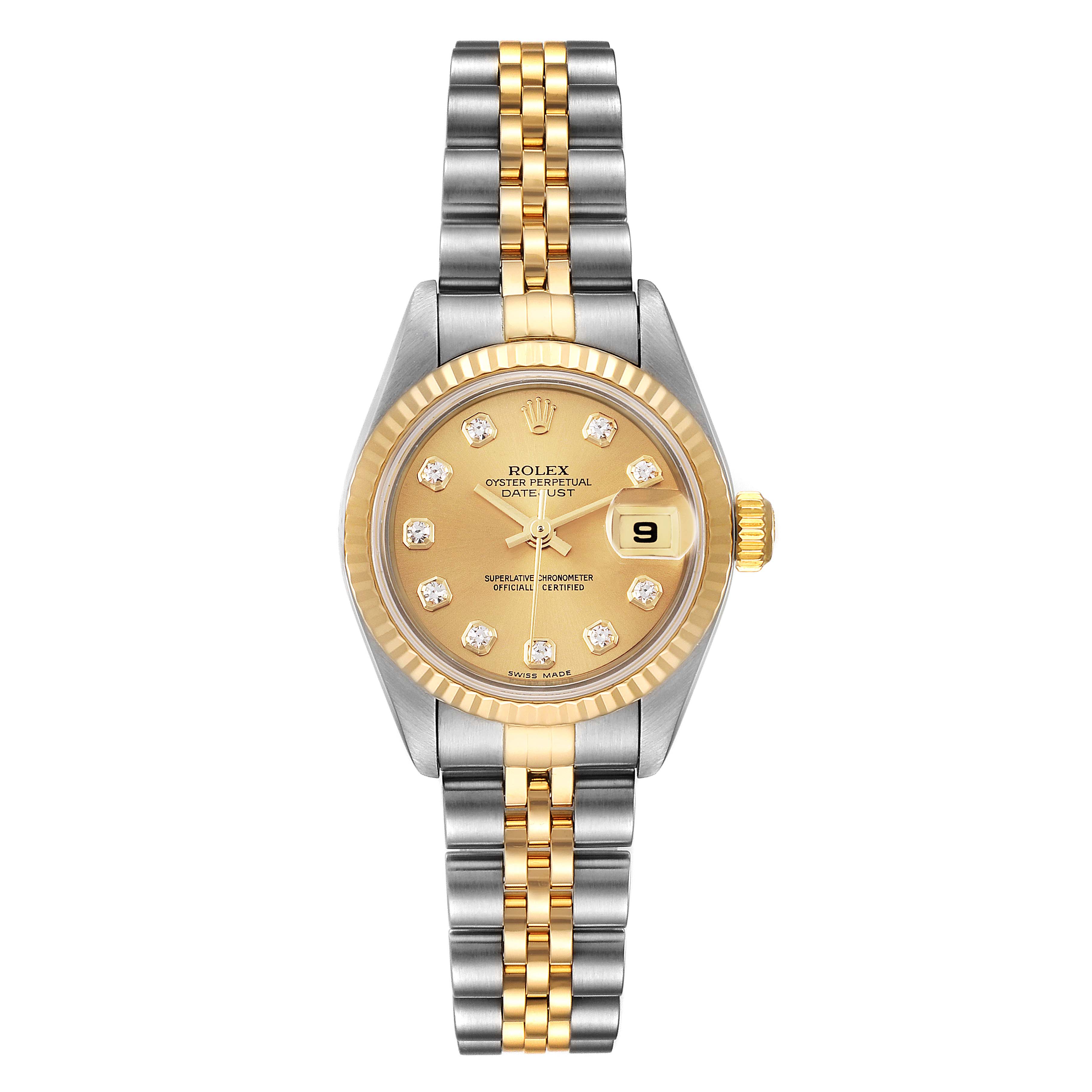 The Rolex Datejust 79173 Women
s Steel and Gold (two tone) Champagne Dial 79173 Women
s Steel and Gold (two tone) Champagne Dial watch is shown from a front angle, displaying the dial, bezel, and jubilee band.