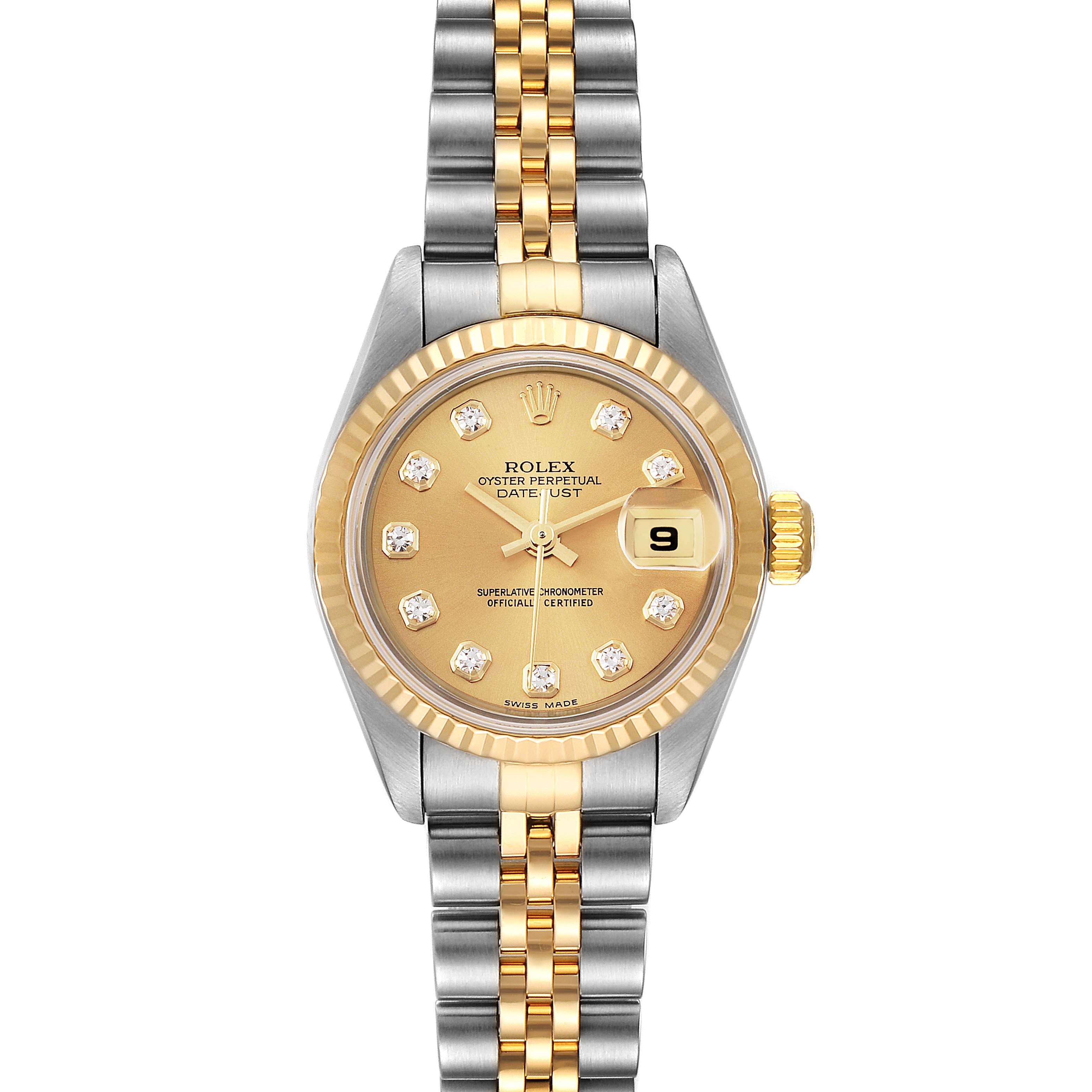 The image shows a front view of the Rolex Datejust 79173 Women
s Steel and Gold (two tone) Champagne Dial 79173 Women
s Steel and Gold (two tone) Champagne Dial watch, featuring a gold dial, a fluted bezel, diamond hour markers, and a two-tone bracelet.