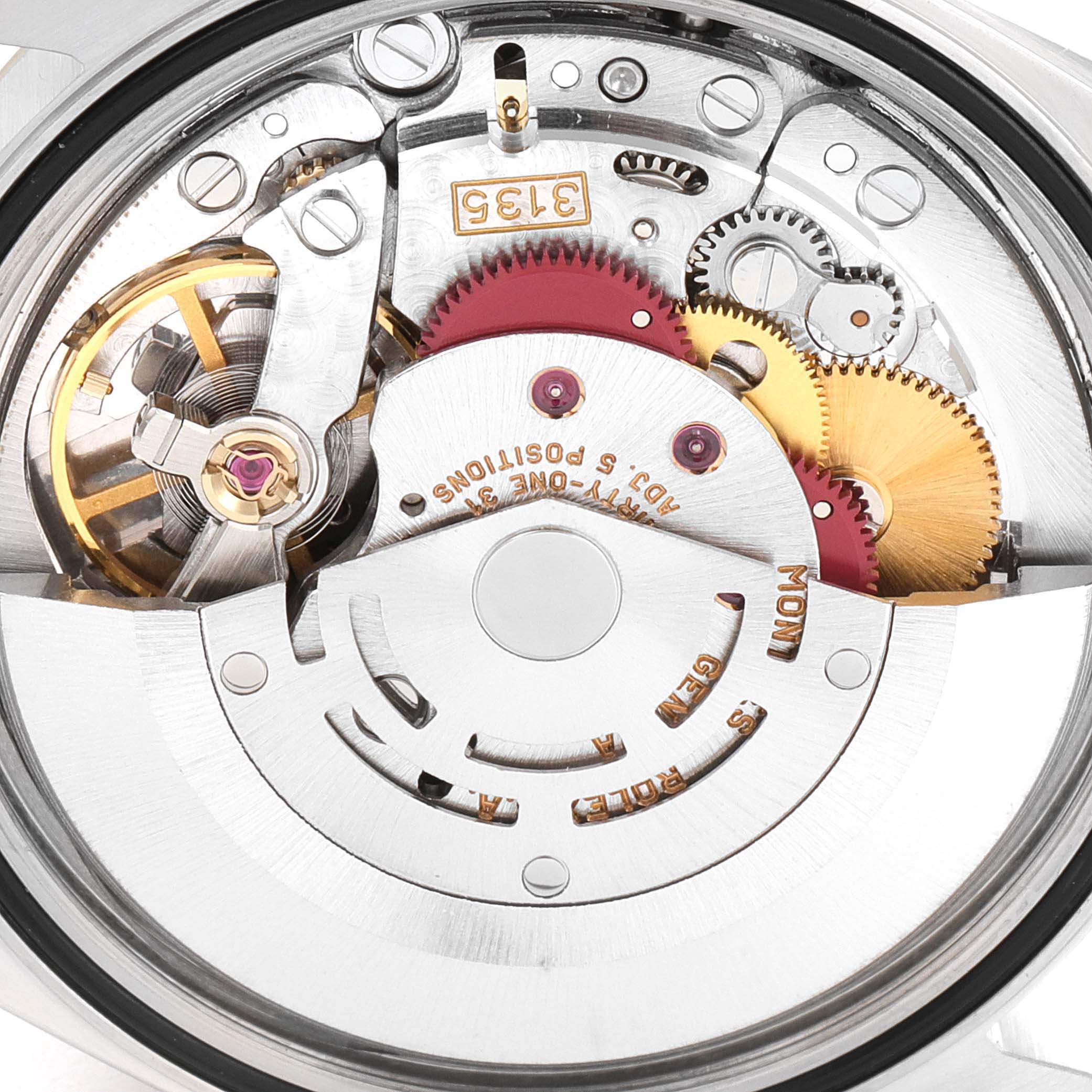 This image shows the intricate internal mechanics of a Rolex Datejust 16233 Men's Steel and Gold (two tone) Champagne Dial 16233 Men's Steel and Gold (two tone) Champagne Dial watch, particularly its movement components.