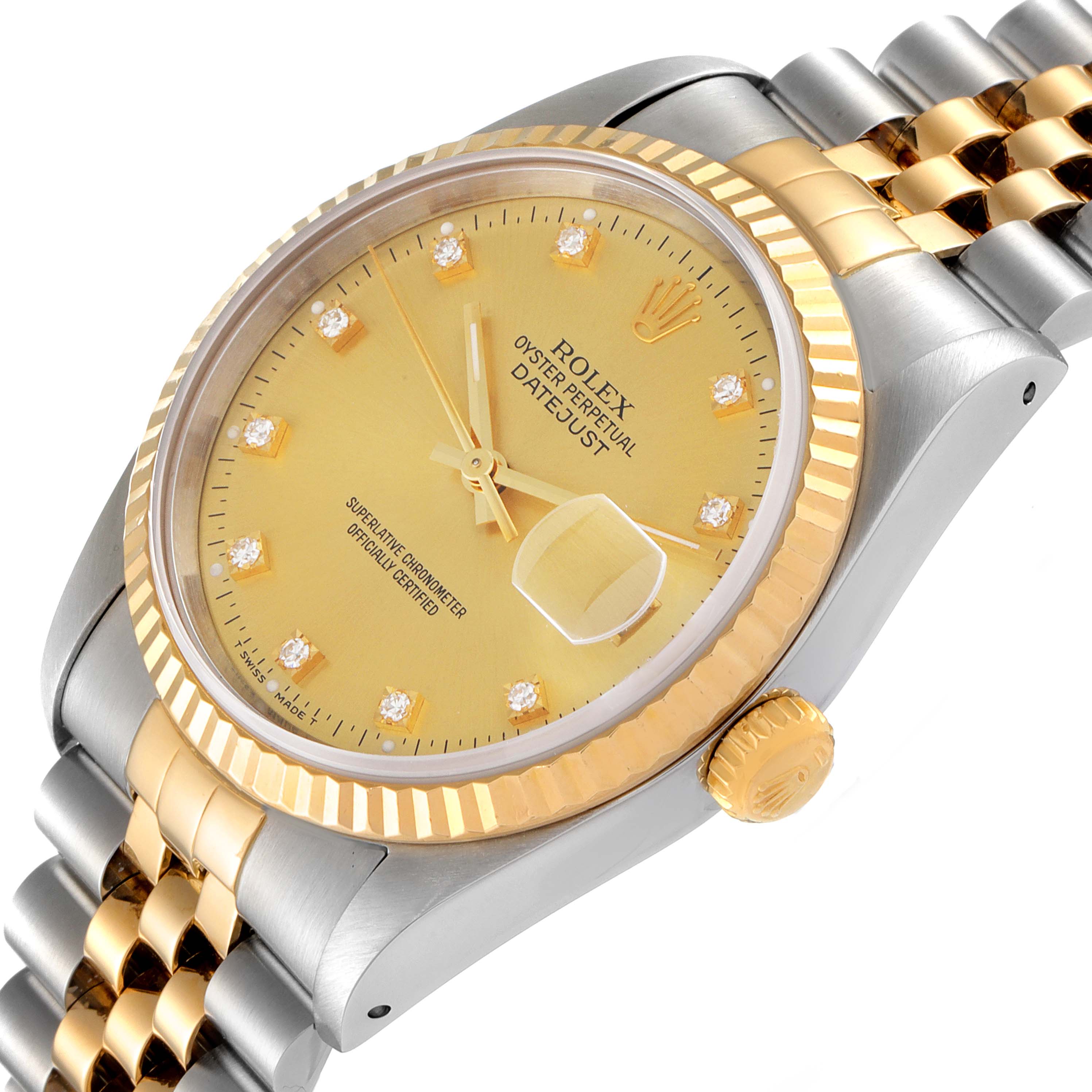 This image shows a Rolex Datejust 16233 Men's Steel and Gold (two tone) Champagne Dial 16233 Men's Steel and Gold (two tone) Champagne Dial watch at an oblique angle, highlighting the dial, fluted bezel, crown, and part of the two-tone bracelet.