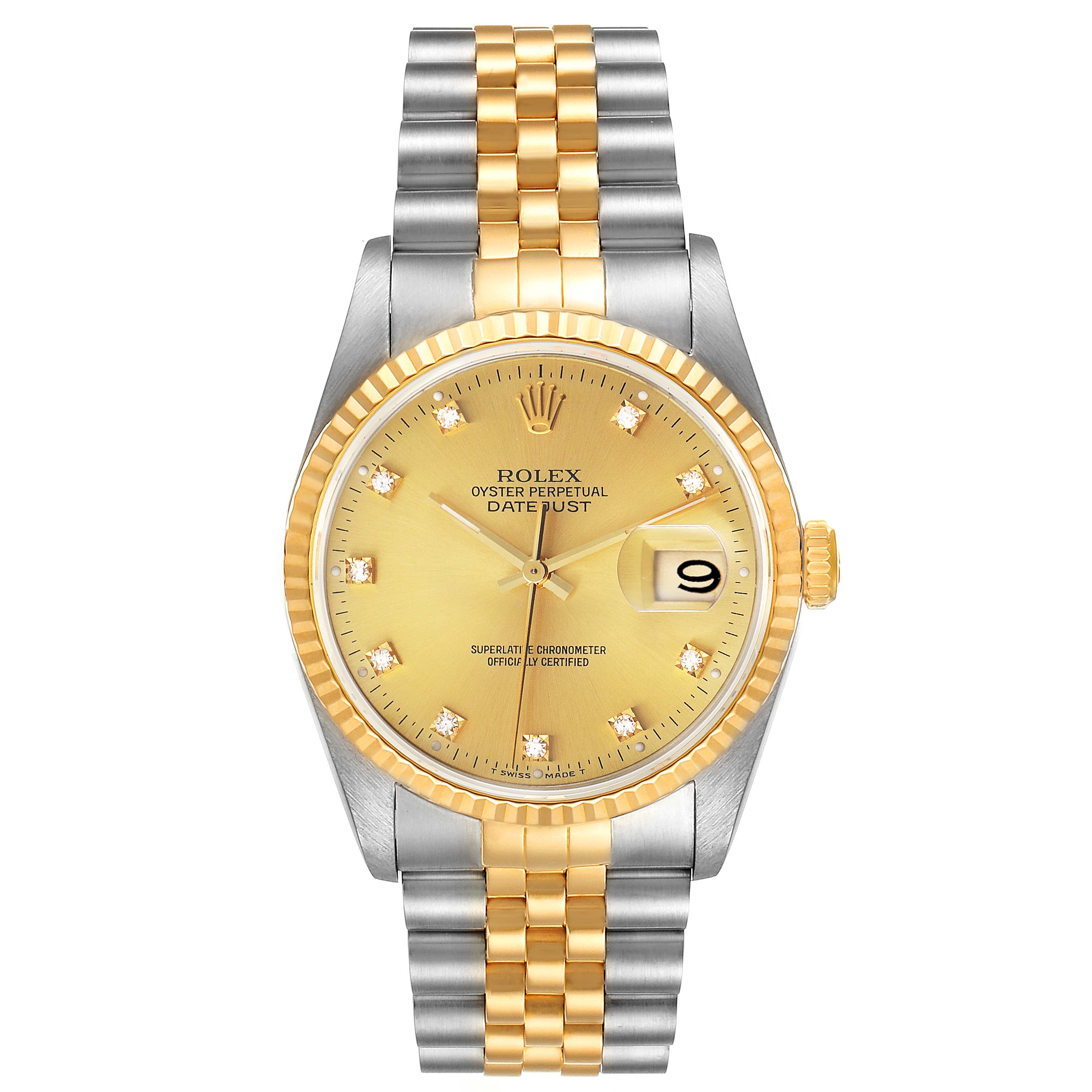 This is a front view of a Rolex Datejust 16233 Men's Steel and Gold (two tone) Champagne Dial 16233 Men's Steel and Gold (two tone) Champagne Dial, showcasing its gold bezel, champagne dial, and two-tone Jubilee bracelet.