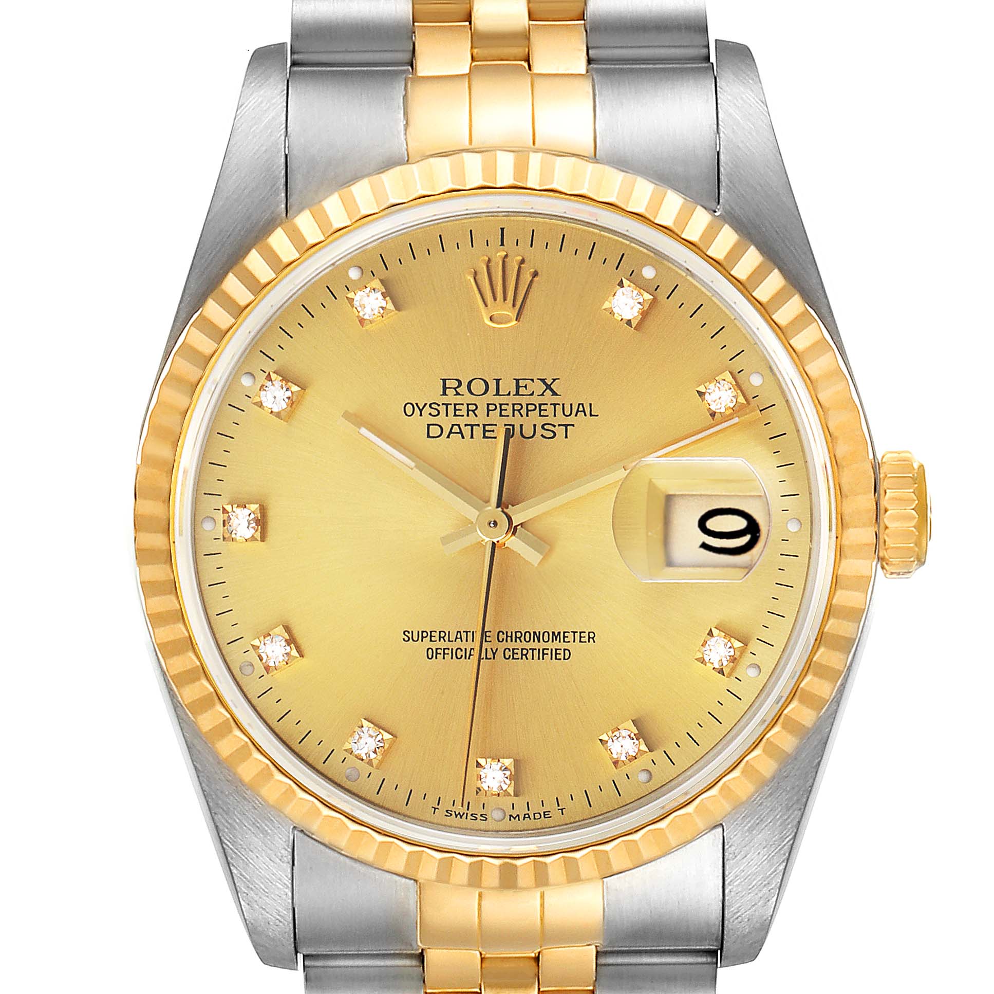 The image shows a front view of a Rolex Datejust 16233 Men's Steel and Gold (two tone) Champagne Dial 16233 Men's Steel and Gold (two tone) Champagne Dial watch featuring a gold dial, diamond markers, and a two-tone bracelet.