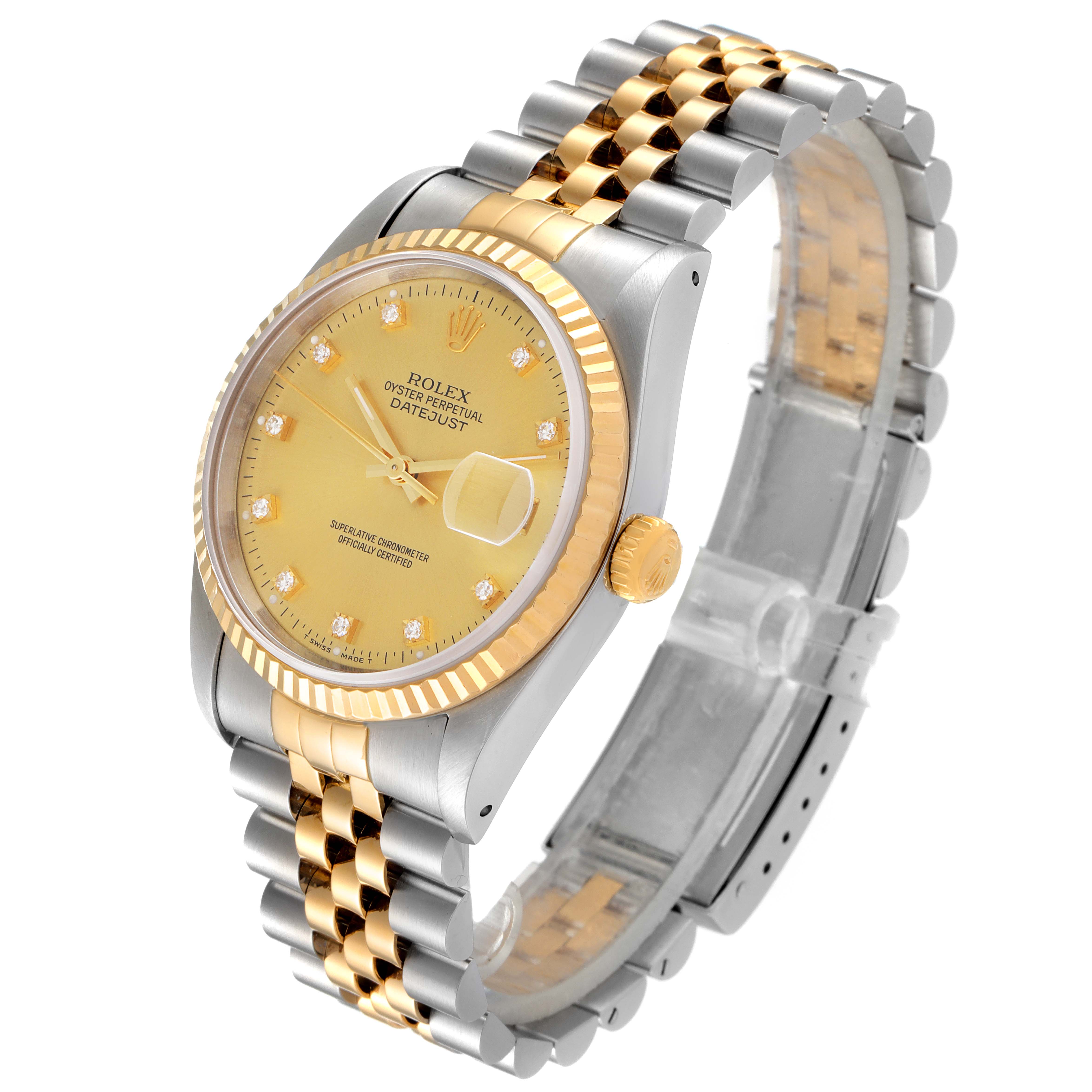 This image shows a Rolex Datejust 16233 Men's Steel and Gold (two tone) Champagne Dial 16233 Men's Steel and Gold (two tone) Champagne Dial watch at a three-quarter angle, highlighting the gold and stainless-steel case, dial, and bracelet.