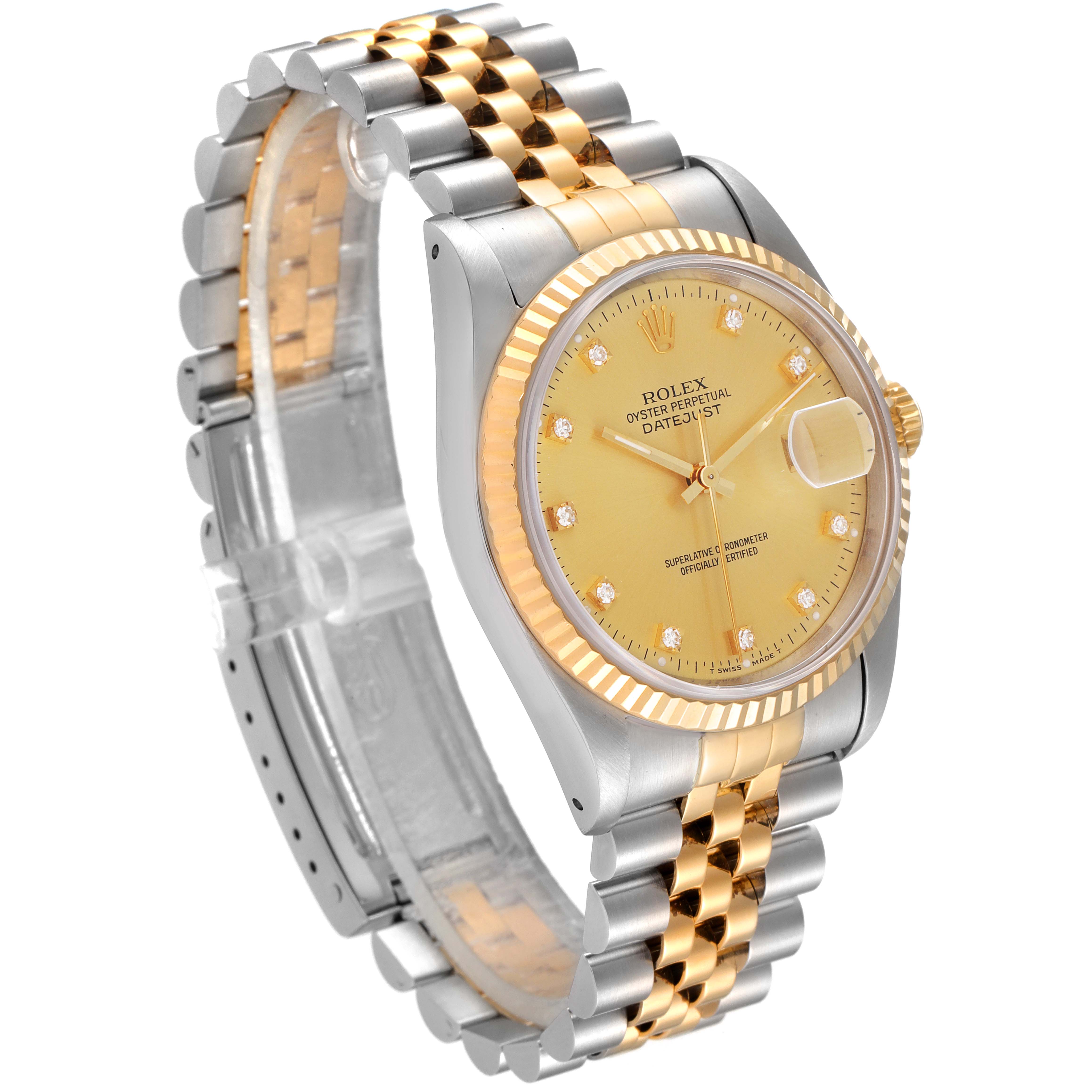 The Rolex Datejust 16233 Men's Steel and Gold (two tone) Champagne Dial 16233 Men's Steel and Gold (two tone) Champagne Dial watch is shown at an angled profile, highlighting its two-tone bracelet, gold dial, and the fluted bezel.