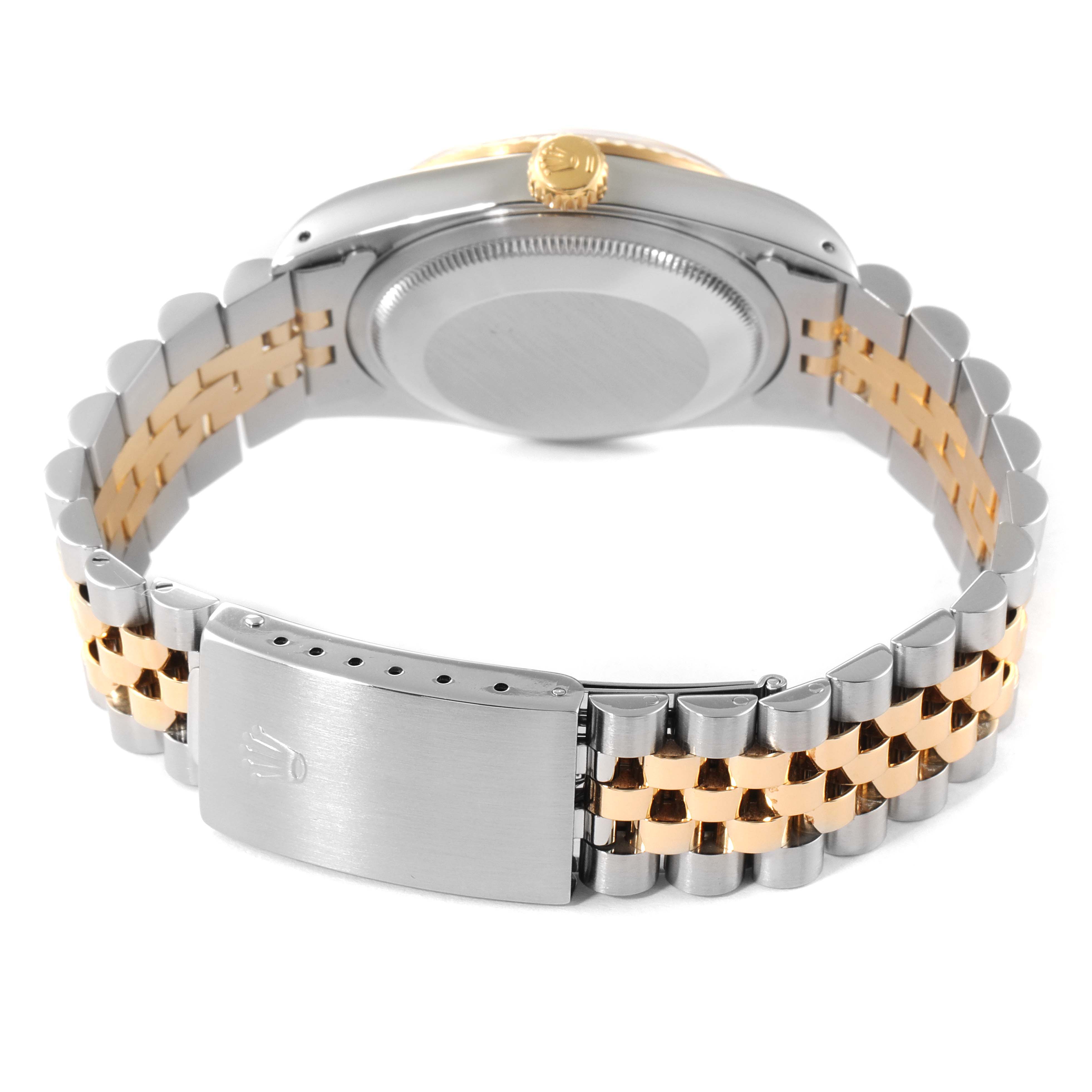 The Rolex Datejust 16233 Men's Steel and Gold (two tone) Champagne Dial 16233 Men's Steel and Gold (two tone) Champagne Dial watch is shown from the back, highlighting the clasp and the two-tone bracelet.