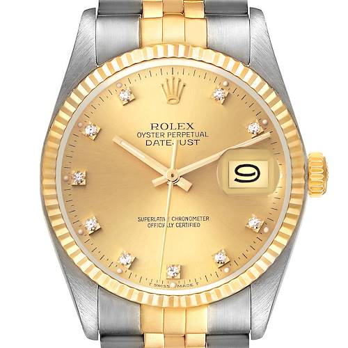 The image shows a front view of a Rolex Datejust watch, highlighting the dial, bezel, and part of the bracelet.