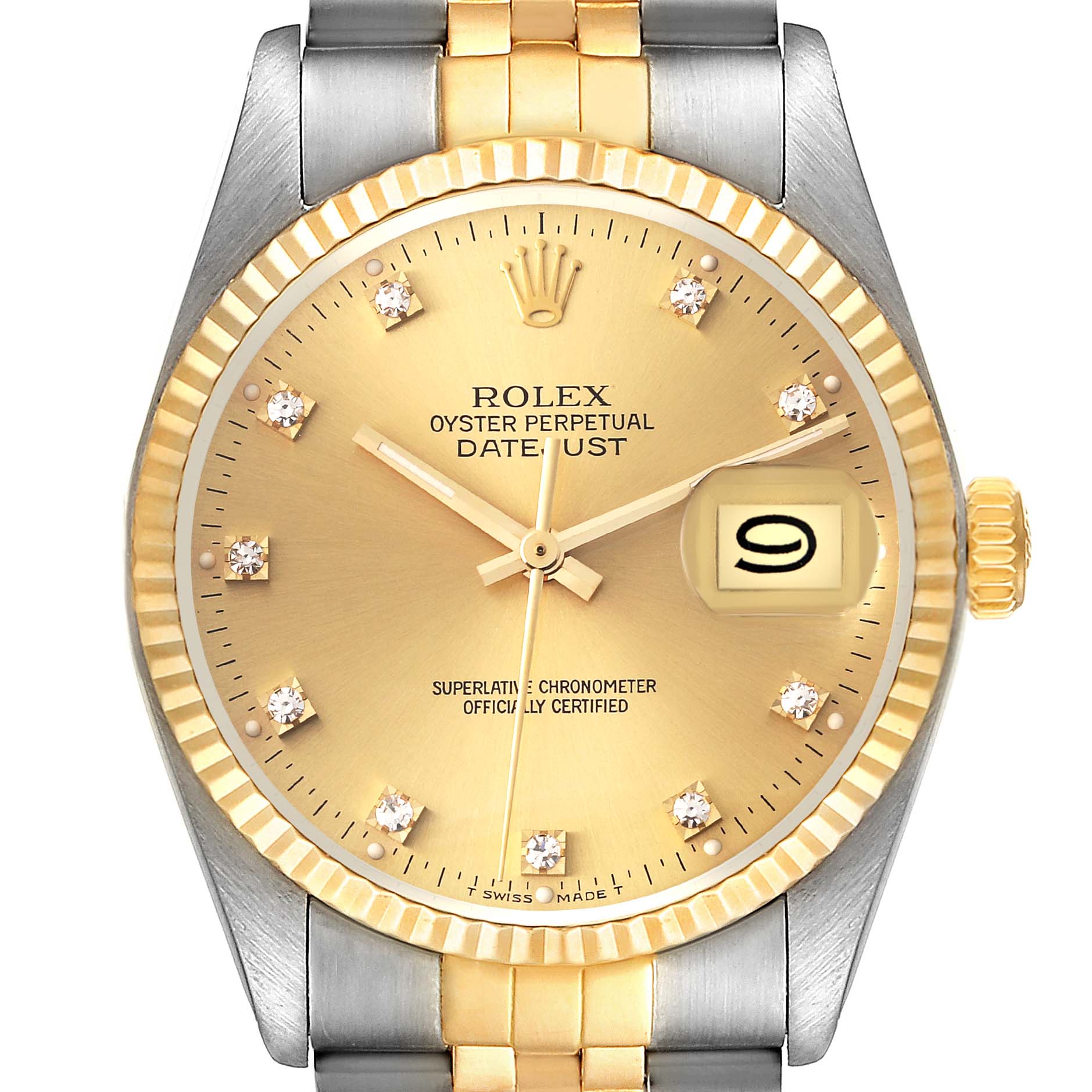 The image shows a front view of a Rolex Datejust 16013 Men's Steel and Gold (two tone) Champagne Dial 16013 Men's Steel and Gold (two tone) Champagne Dial watch, highlighting the dial, hands, bezel, and part of the bracelet.