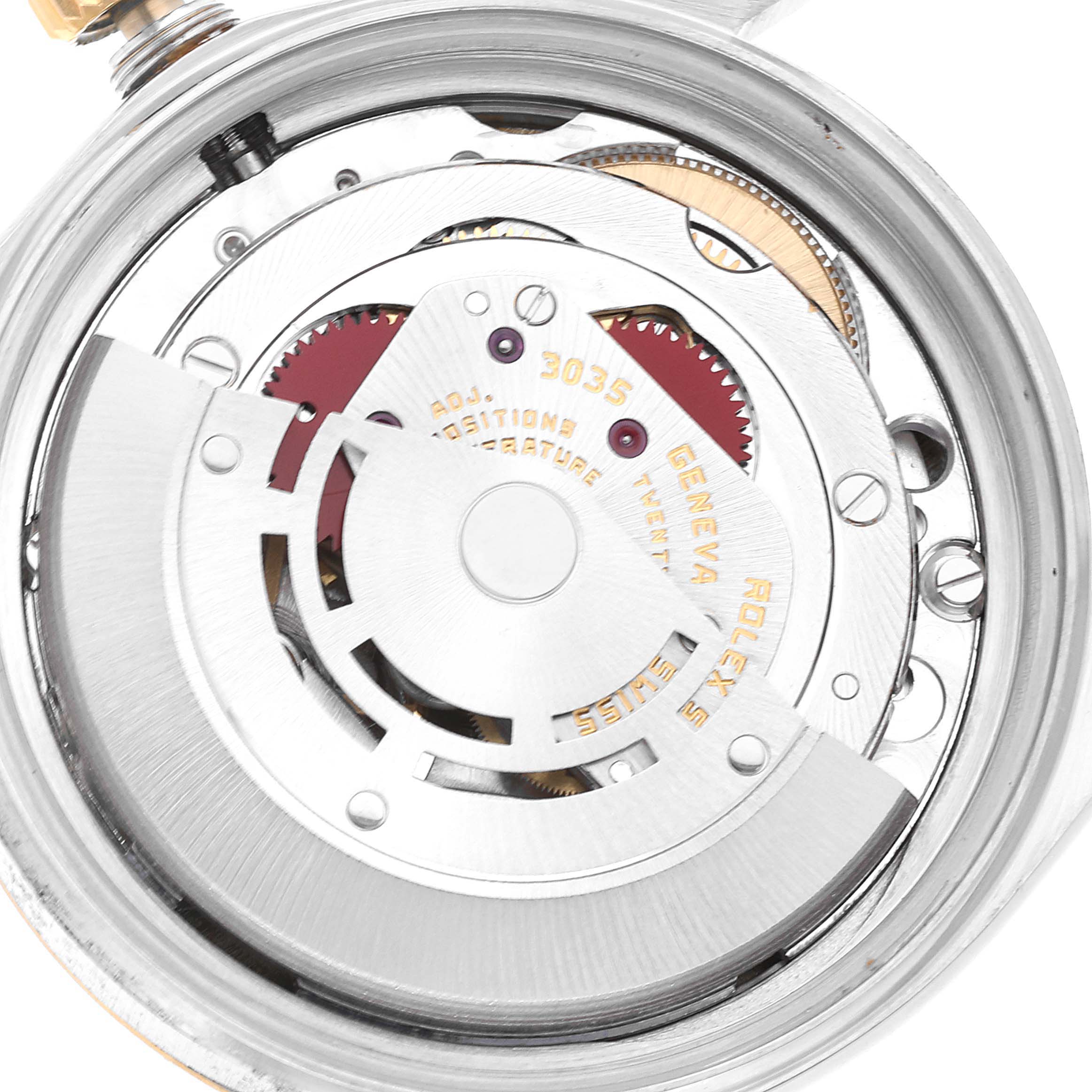 The image shows the internal mechanical movement of the Rolex Datejust 16013 Men's Steel and Gold (two tone) Champagne Dial 16013 Men's Steel and Gold (two tone) Champagne Dial watch, focusing on its intricate components.