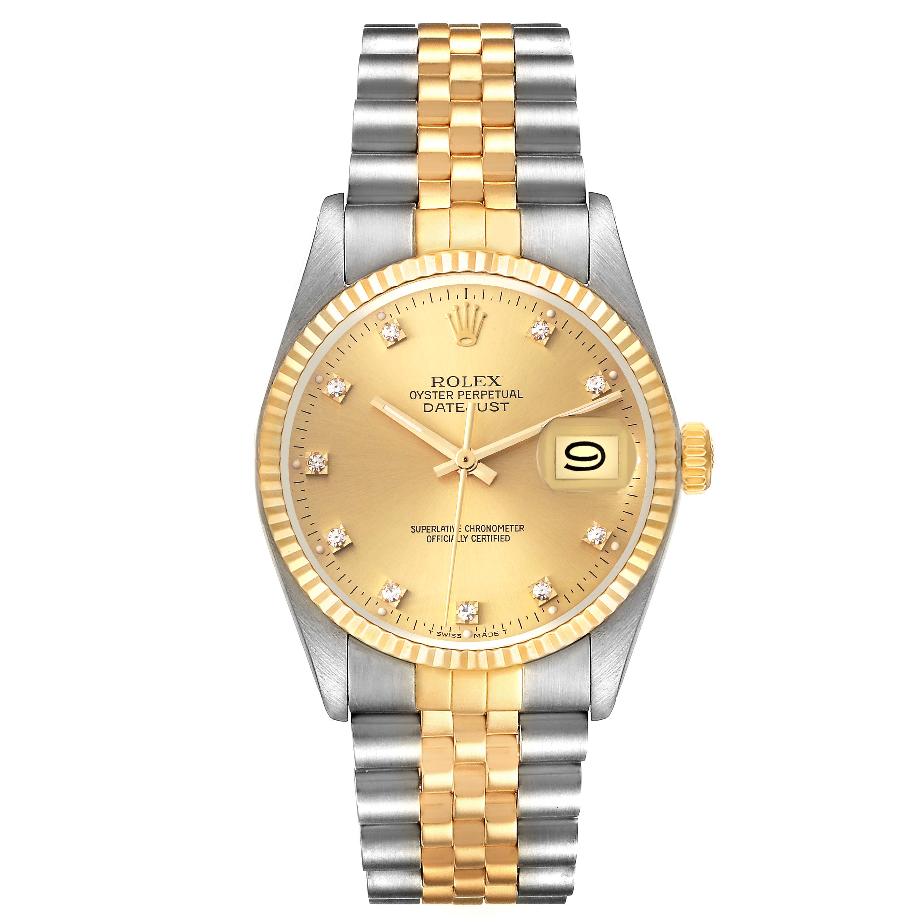 The image shows a front view of a Rolex Datejust 16013 Men's Steel and Gold (two tone) Champagne Dial 16013 Men's Steel and Gold (two tone) Champagne Dial watch, highlighting the bracelet, bezel, dial, and date window.