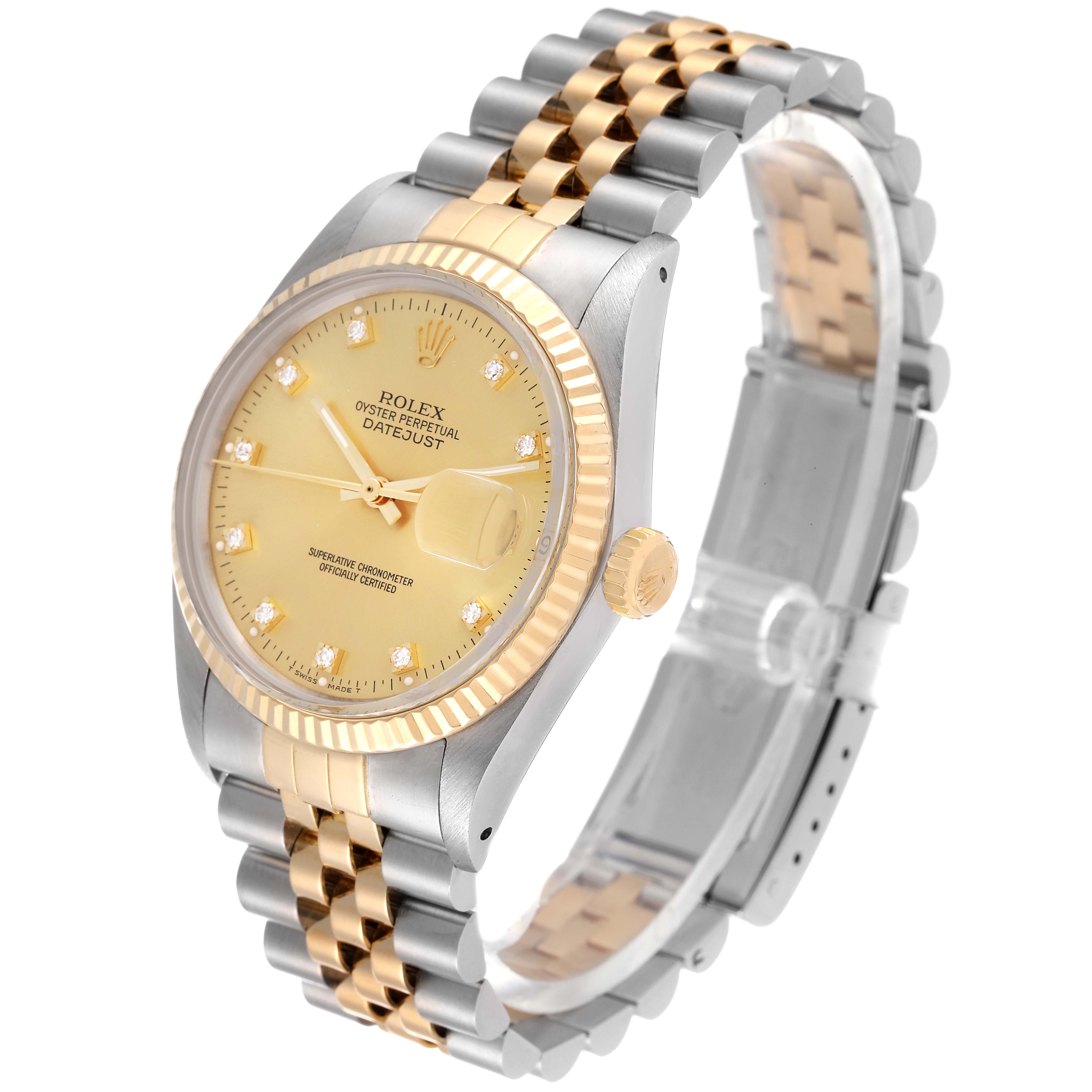 The image shows a side-angle view of a Rolex Datejust 16013 Men's Steel and Gold (two tone) Champagne Dial 16013 Men's Steel and Gold (two tone) Champagne Dial watch, highlighting its two-tone bracelet and face.