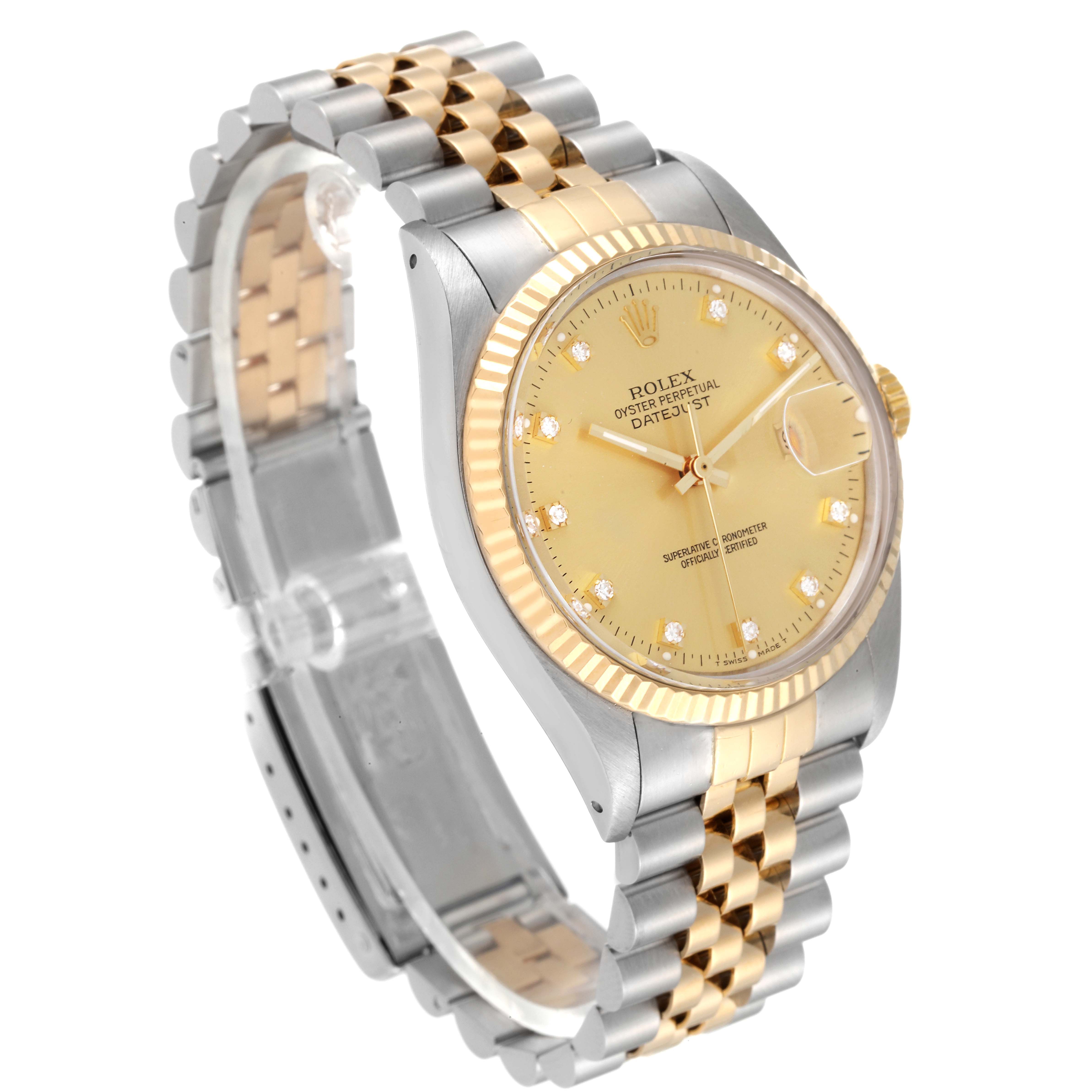 The image shows a Rolex Datejust 16013 Men's Steel and Gold (two tone) Champagne Dial 16013 Men's Steel and Gold (two tone) Champagne Dial watch featuring a two-tone bracelet, a gold bezel, and a champagne dial with diamond markers from a front angle.