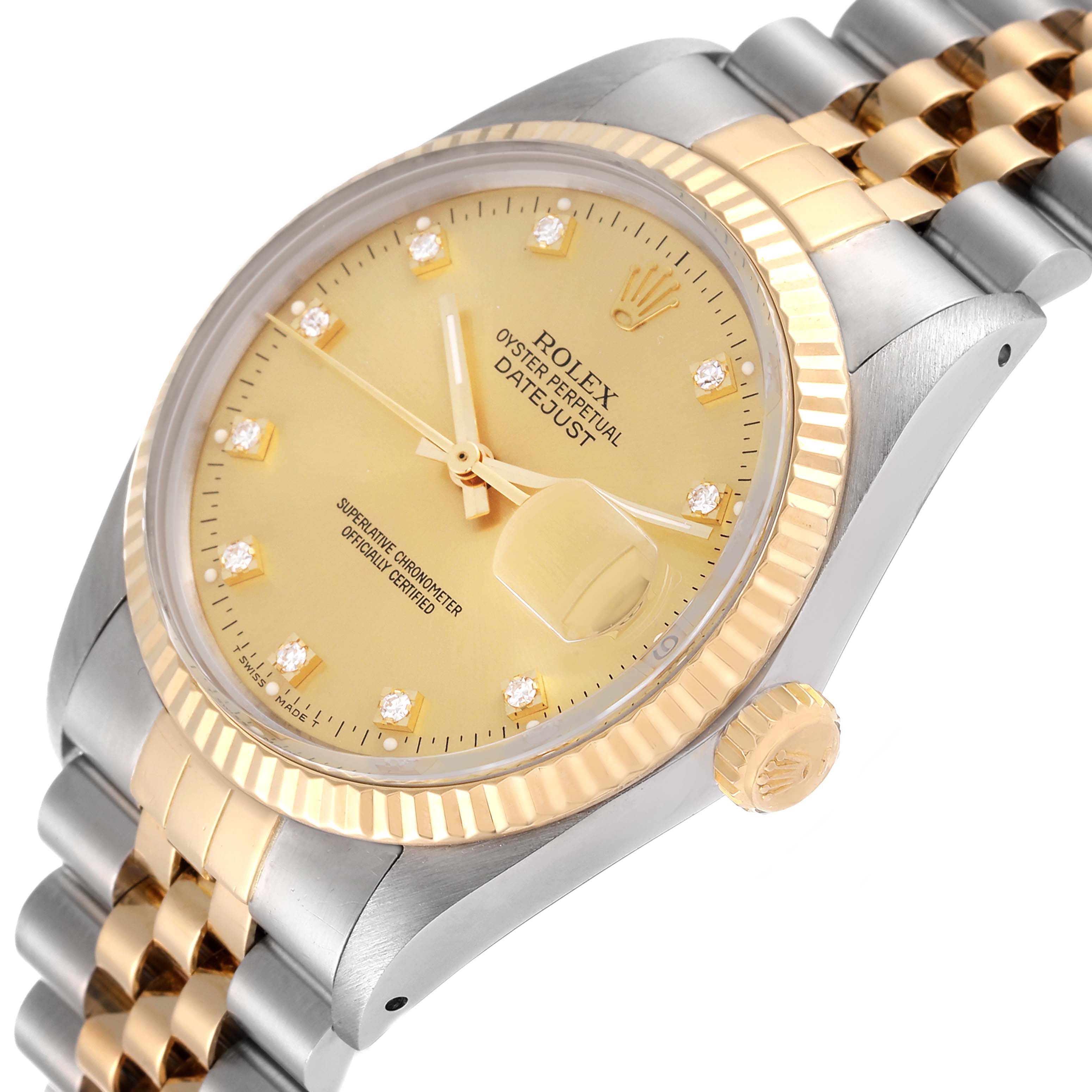 The Rolex Datejust 16013 Men's Steel and Gold (two tone) Champagne Dial 16013 Men's Steel and Gold (two tone) Champagne Dial watch is shown from a three-quarter angle, highlighting its gold dial, diamond markers, fluted bezel, and two-tone bracelet.