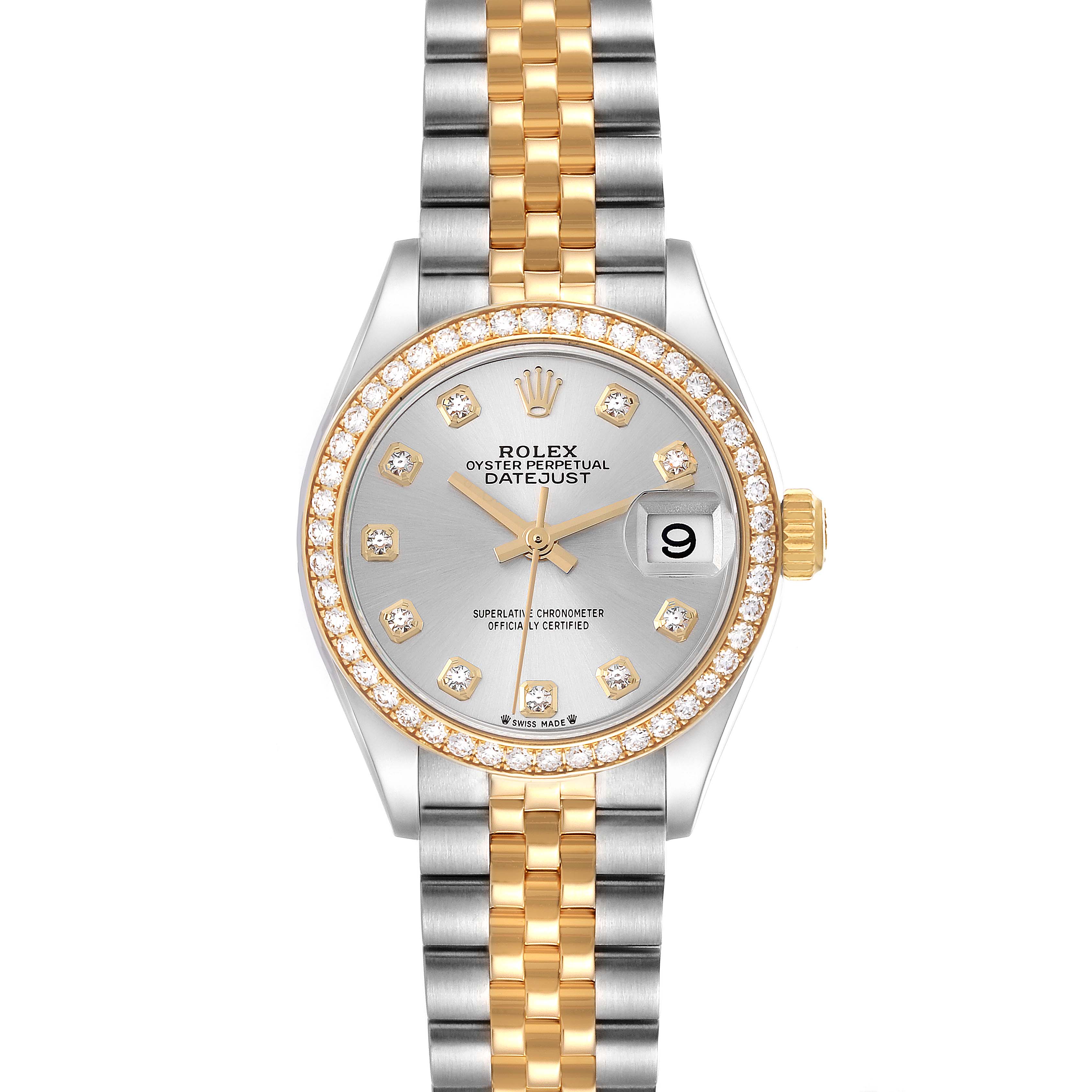 The image shows a Rolex Datejust 279383 Women's Steel and Gold (two tone) Silver Dial 279383 Women's Steel and Gold (two tone) Silver Dial watch from a top-down angle, highlighting its two-tone bracelet, diamond bezel, and silver dial.
