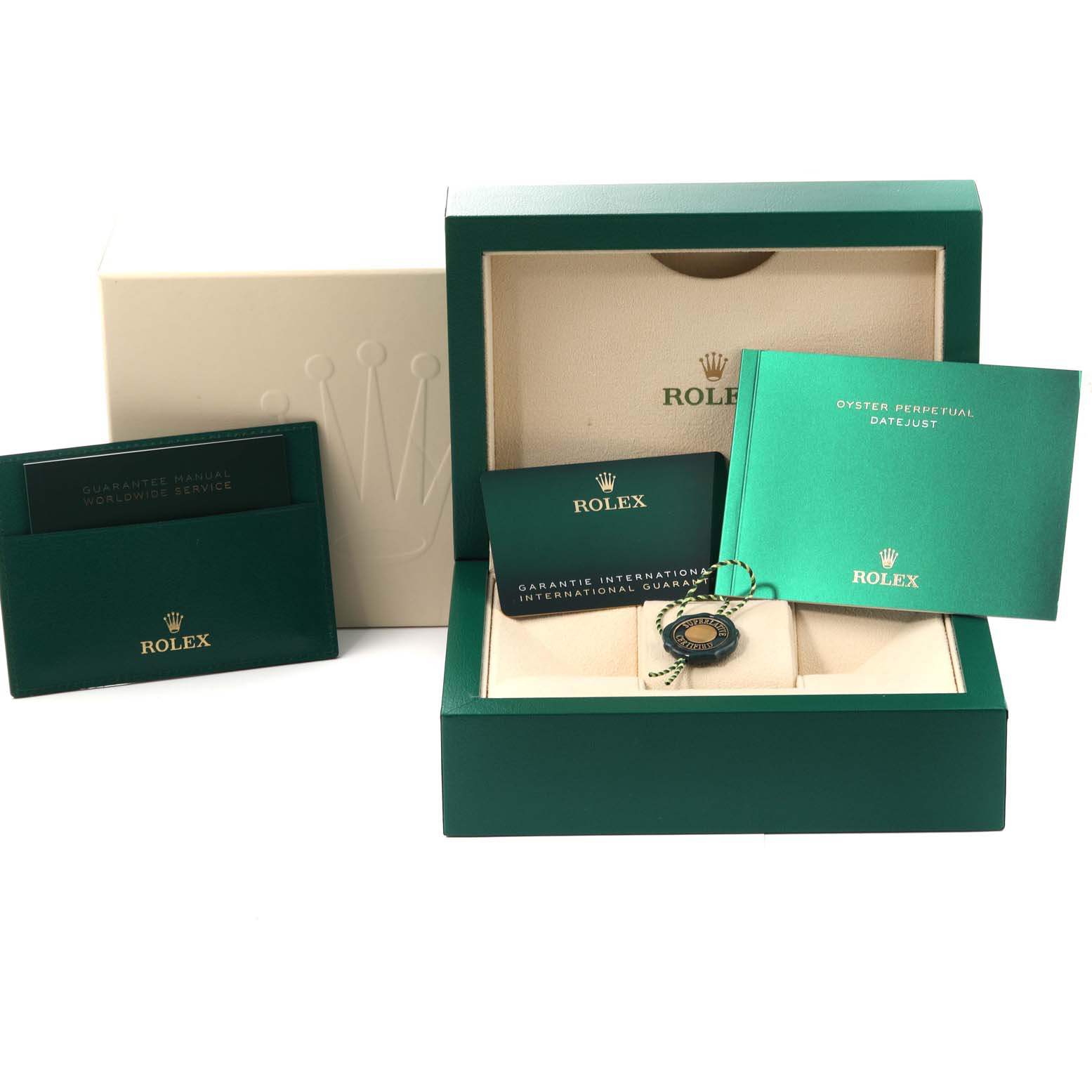 This image displays the packaging and accessories of the Rolex Datejust 279383 Women's Steel and Gold (two tone) Silver Dial 279383 Women's Steel and Gold (two tone) Silver Dial model from an angled top view.