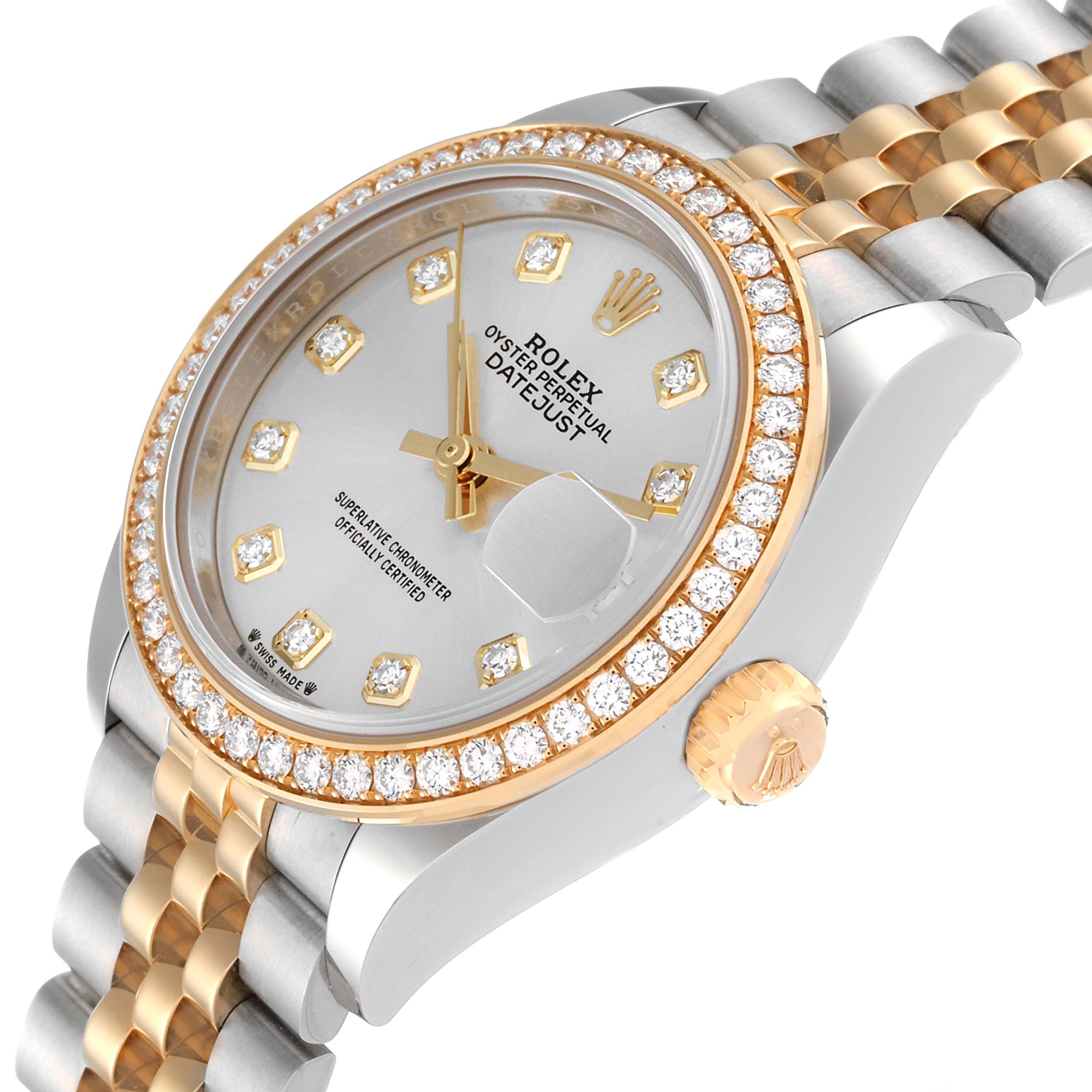 The image shows an angled view of the Rolex Datejust 279383 Women's Steel and Gold (two tone) Silver Dial 279383 Women's Steel and Gold (two tone) Silver Dial watch, highlighting the face, bezel, crown, and part of the bracelet.