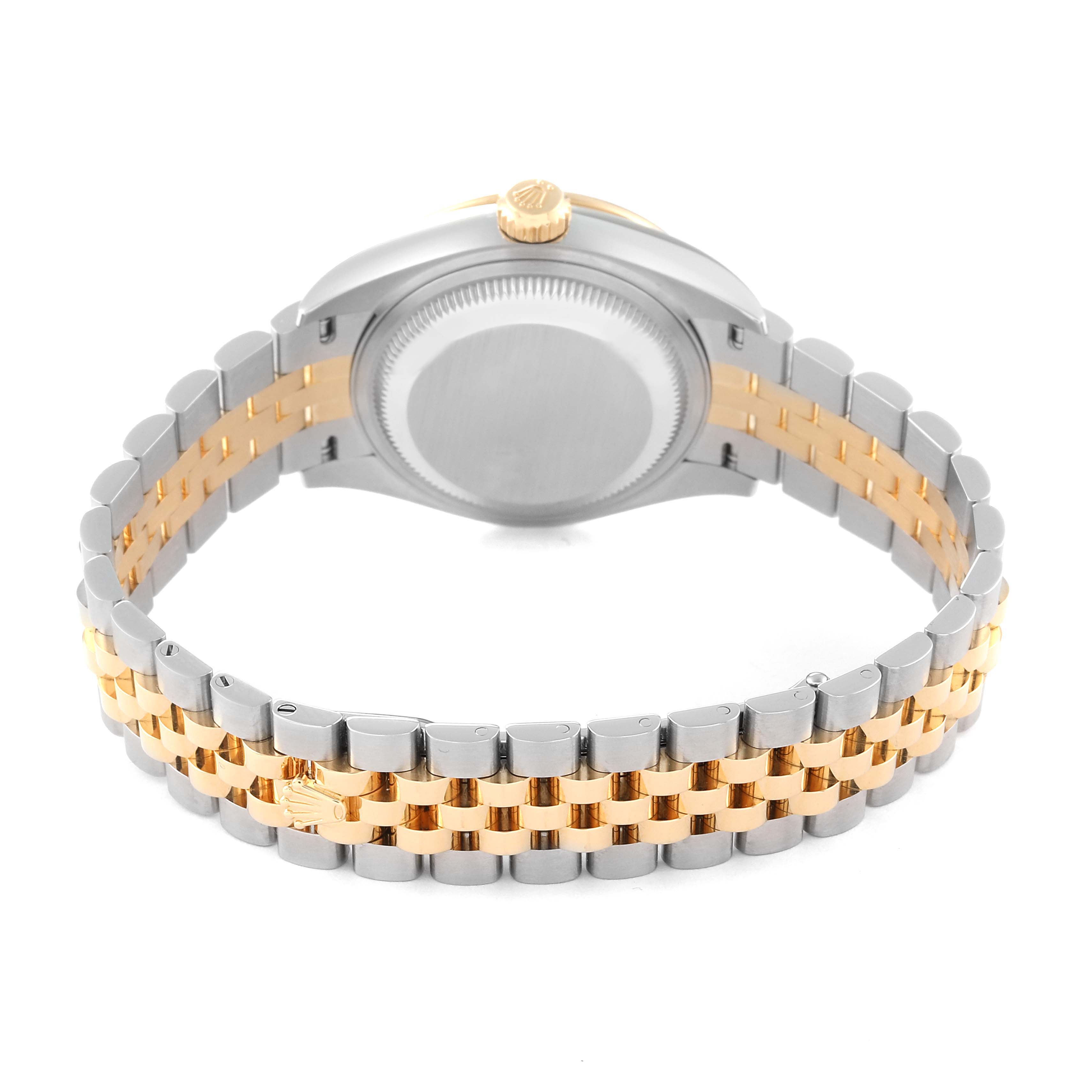 This image shows the back view of a Rolex Datejust 279383 Women's Steel and Gold (two tone) Silver Dial 279383 Women's Steel and Gold (two tone) Silver Dial watch, featuring a two-tone stainless steel and gold bracelet.