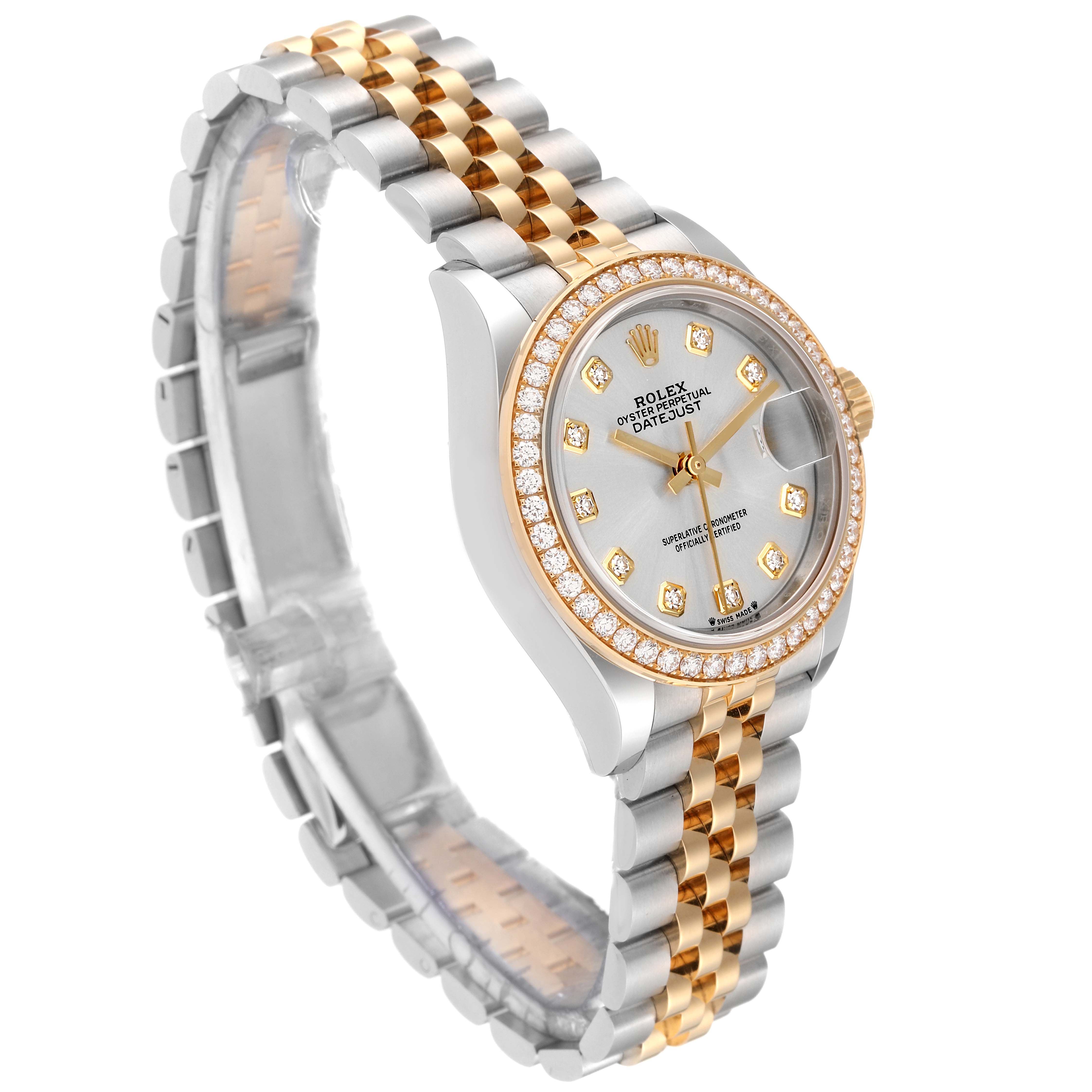 The image shows a Rolex Datejust 279383 Women's Steel and Gold (two tone) Silver Dial 279383 Women's Steel and Gold (two tone) Silver Dial watch at a three-quarter angle, highlighting its two-tone bracelet, diamond bezel, and silver dial.