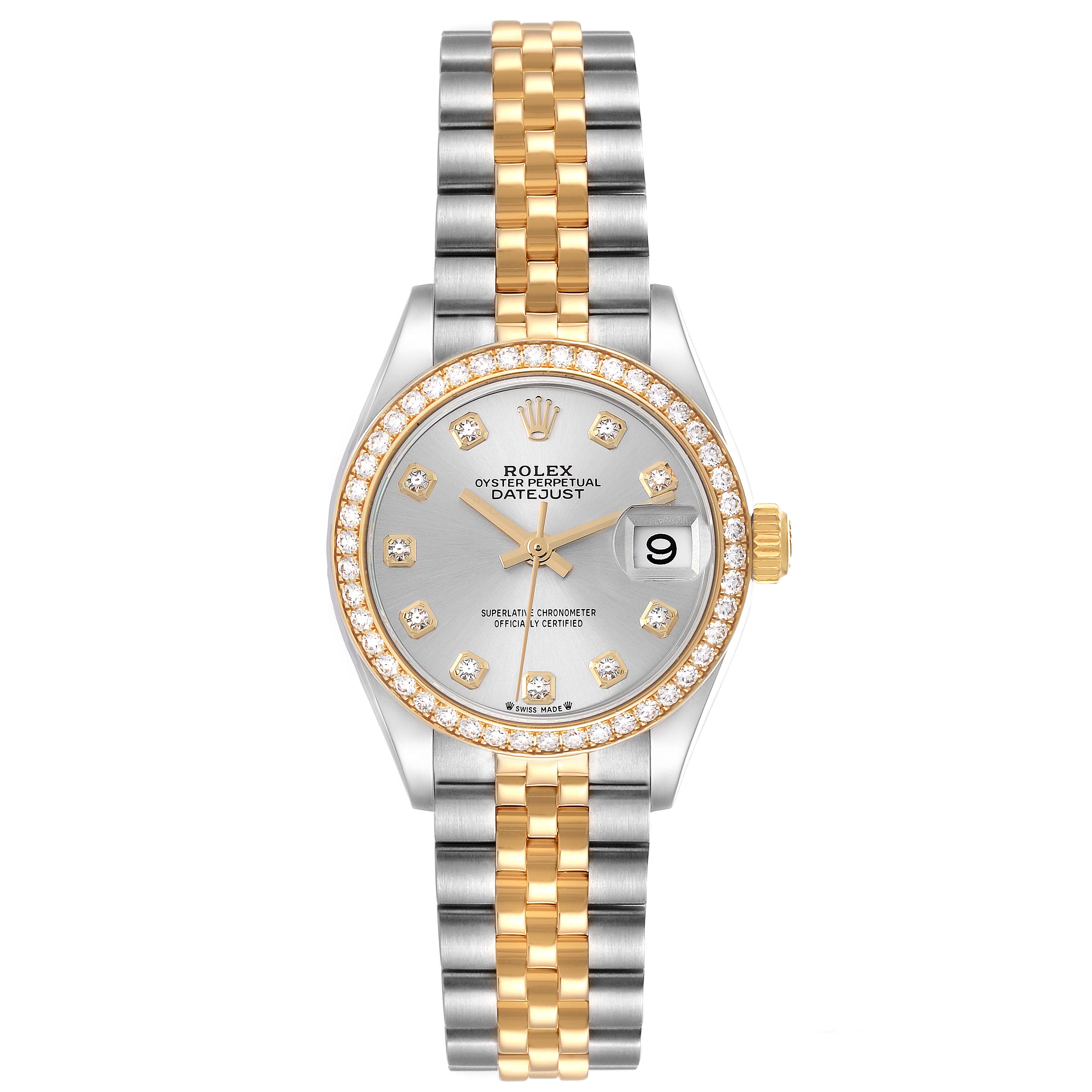 This image shows a front view of a Rolex Datejust 279383 Women's Steel and Gold (two tone) Silver Dial 279383 Women's Steel and Gold (two tone) Silver Dial watch, displaying the face, bezel, diamonds, dial, and two-tone bracelet.