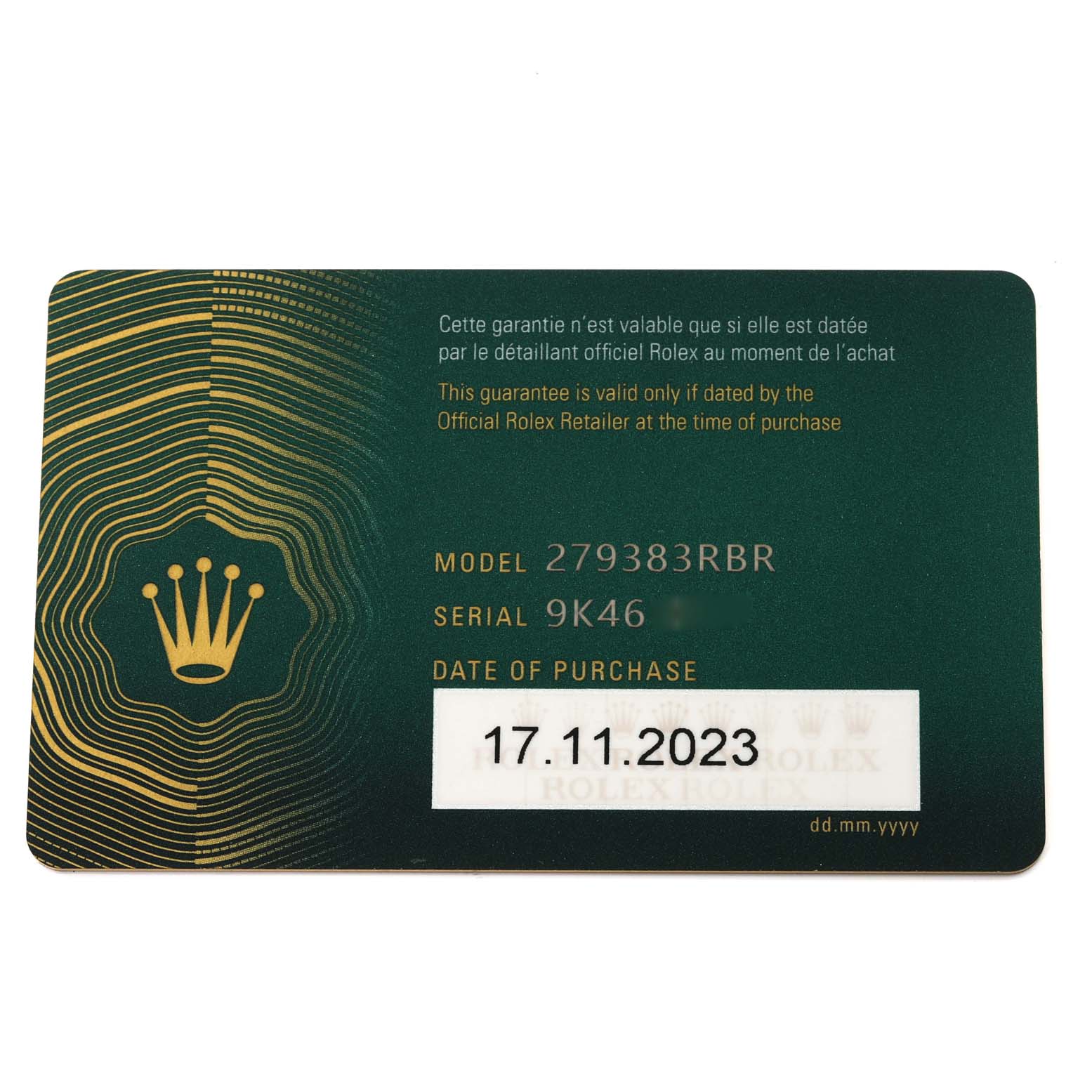 The image shows a warranty card for a Rolex Datejust 279383 Women's Steel and Gold (two tone) Silver Dial 279383 Women's Steel and Gold (two tone) Silver Dial, displaying the model number, serial number, and date of purchase.