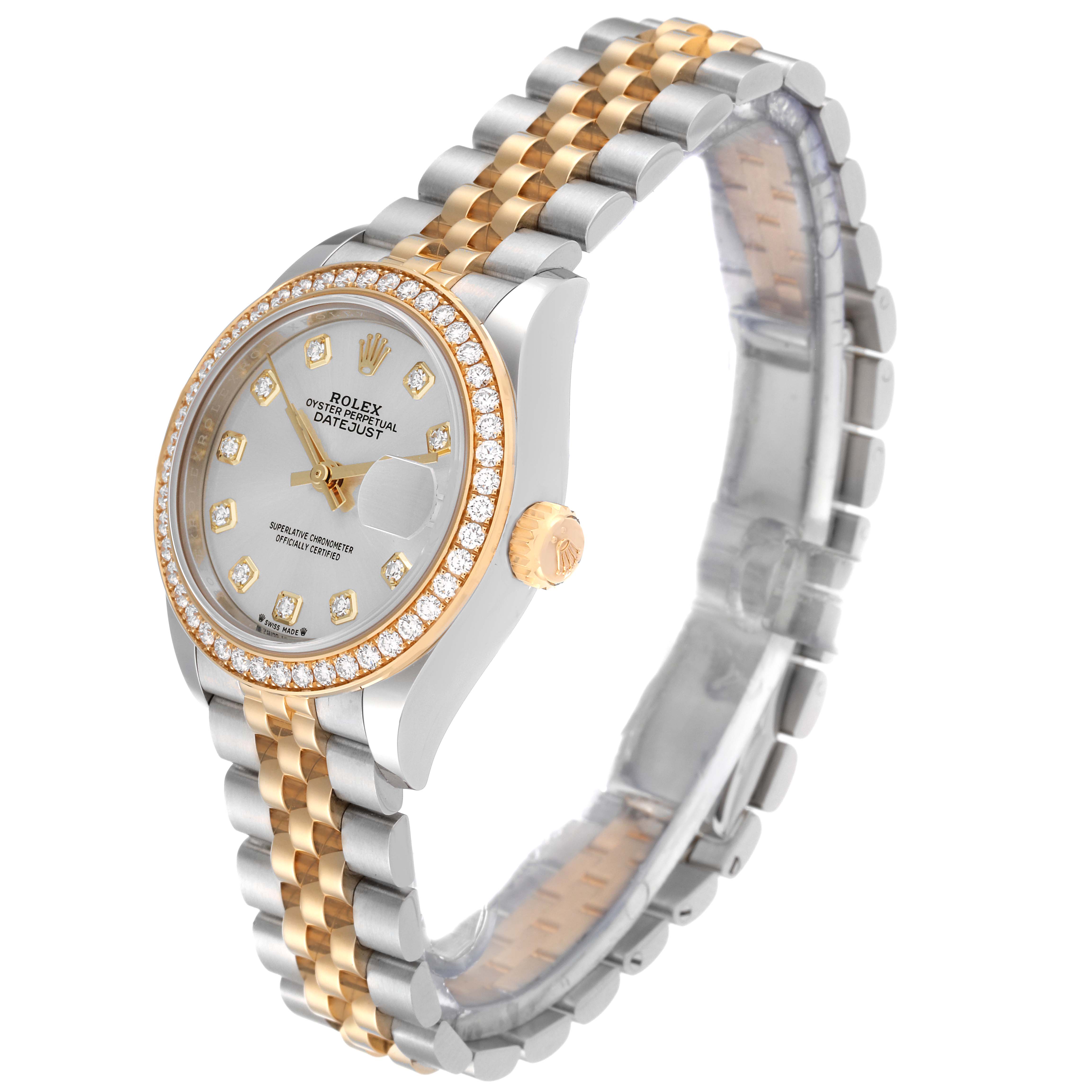 The Rolex Datejust 279383 Women's Steel and Gold (two tone) Silver Dial 279383 Women's Steel and Gold (two tone) Silver Dial watch is shown at a slight angle, displaying the face, bezel, crown, and part of the bracelet.