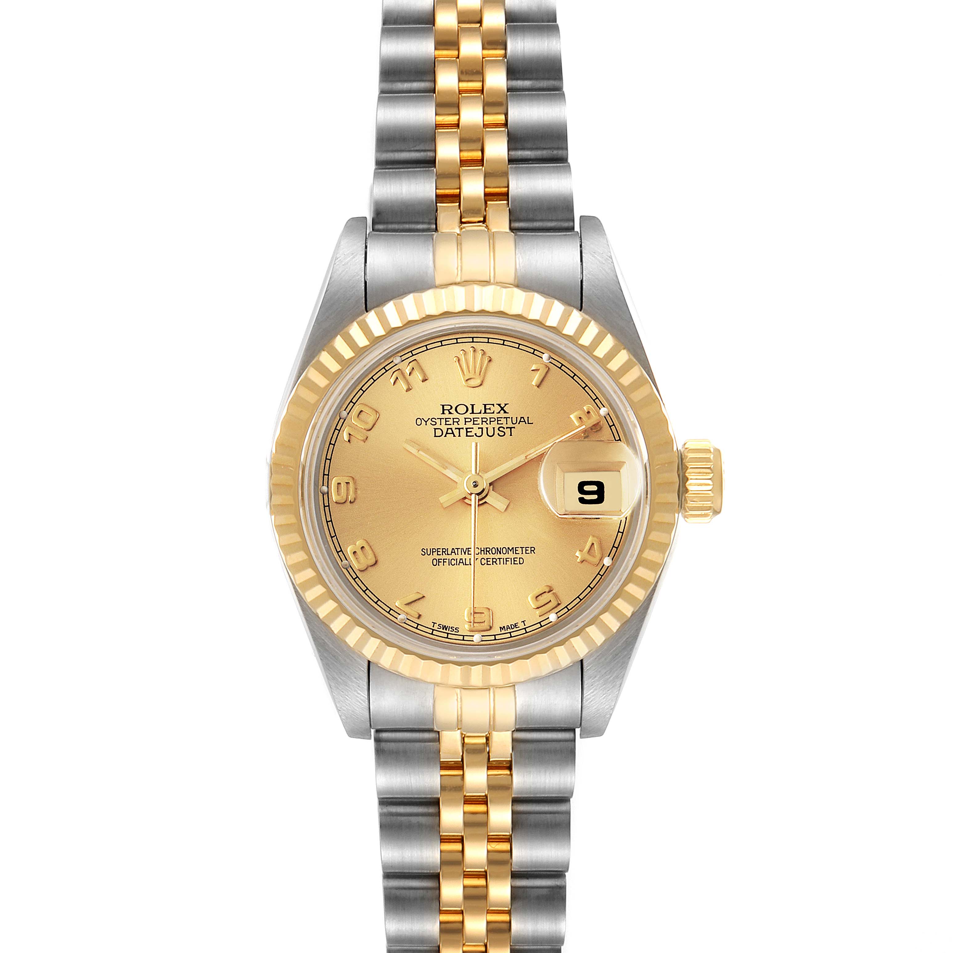The image shows a front view of a Rolex Datejust 69173 Women
s Steel and Gold (two tone) Champagne Dial 69173 Women
s Steel and Gold (two tone) Champagne Dial watch with a two-tone bracelet and gold dial.