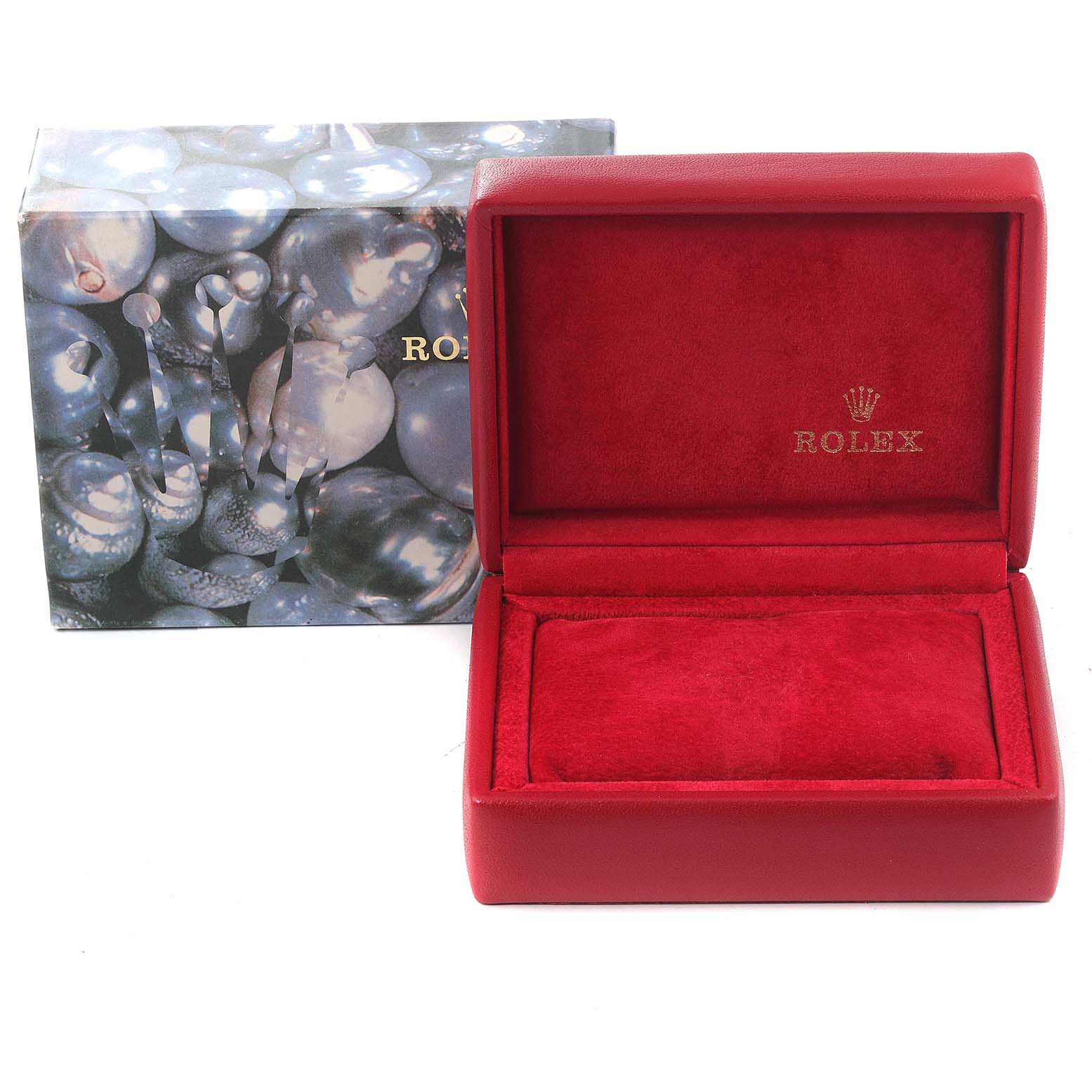 The image shows a Rolex Datejust 69173 Women
s Steel and Gold (two tone) Champagne Dial 69173 Women
s Steel and Gold (two tone) Champagne Dial model watch box, including a red velvet interior and an outer box with a decorative design.