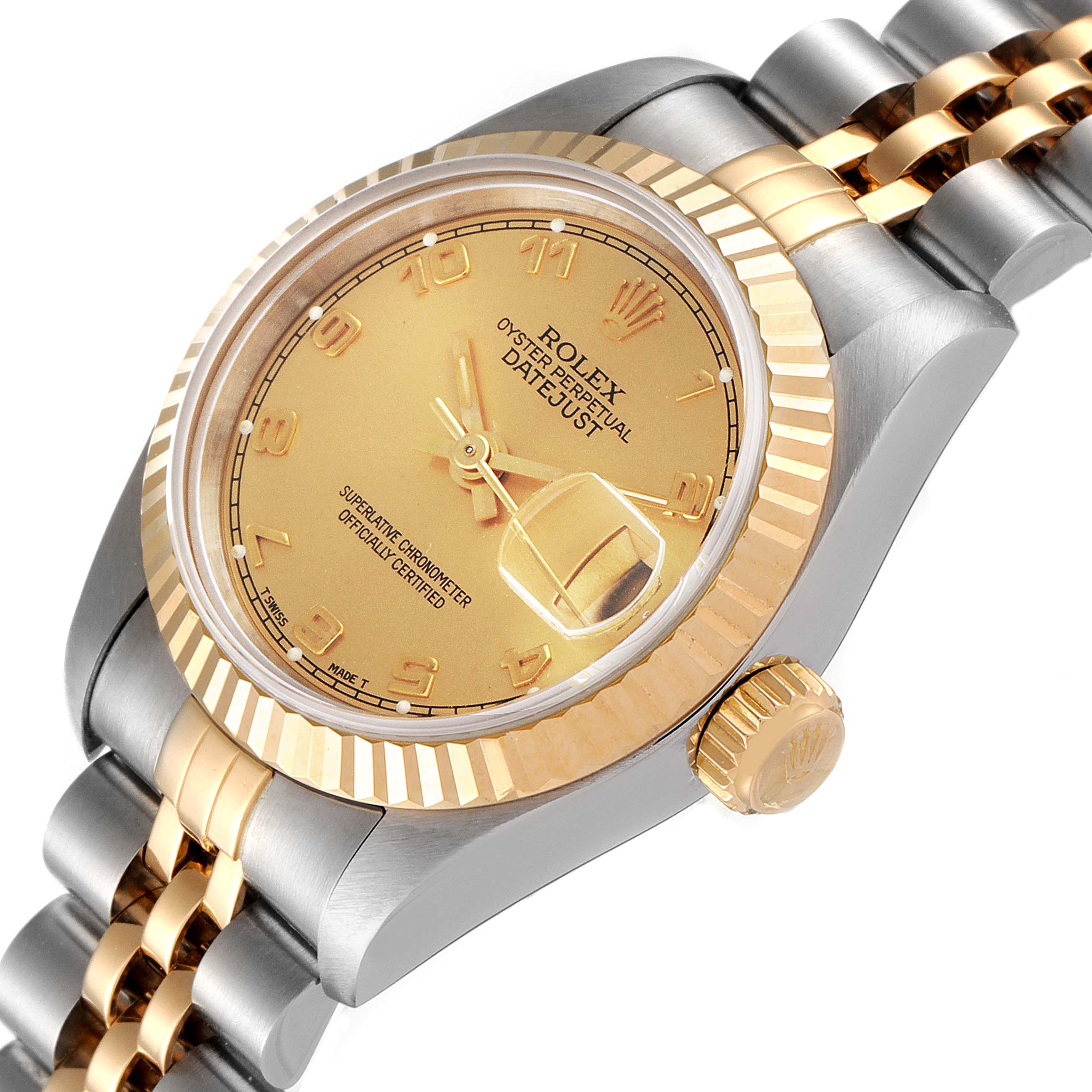 The image shows a Rolex Datejust 69173 Women
s Steel and Gold (two tone) Champagne Dial 69173 Women
s Steel and Gold (two tone) Champagne Dial watch at a slight angle, highlighting the dial, bezel, crown, and part of the bracelet.