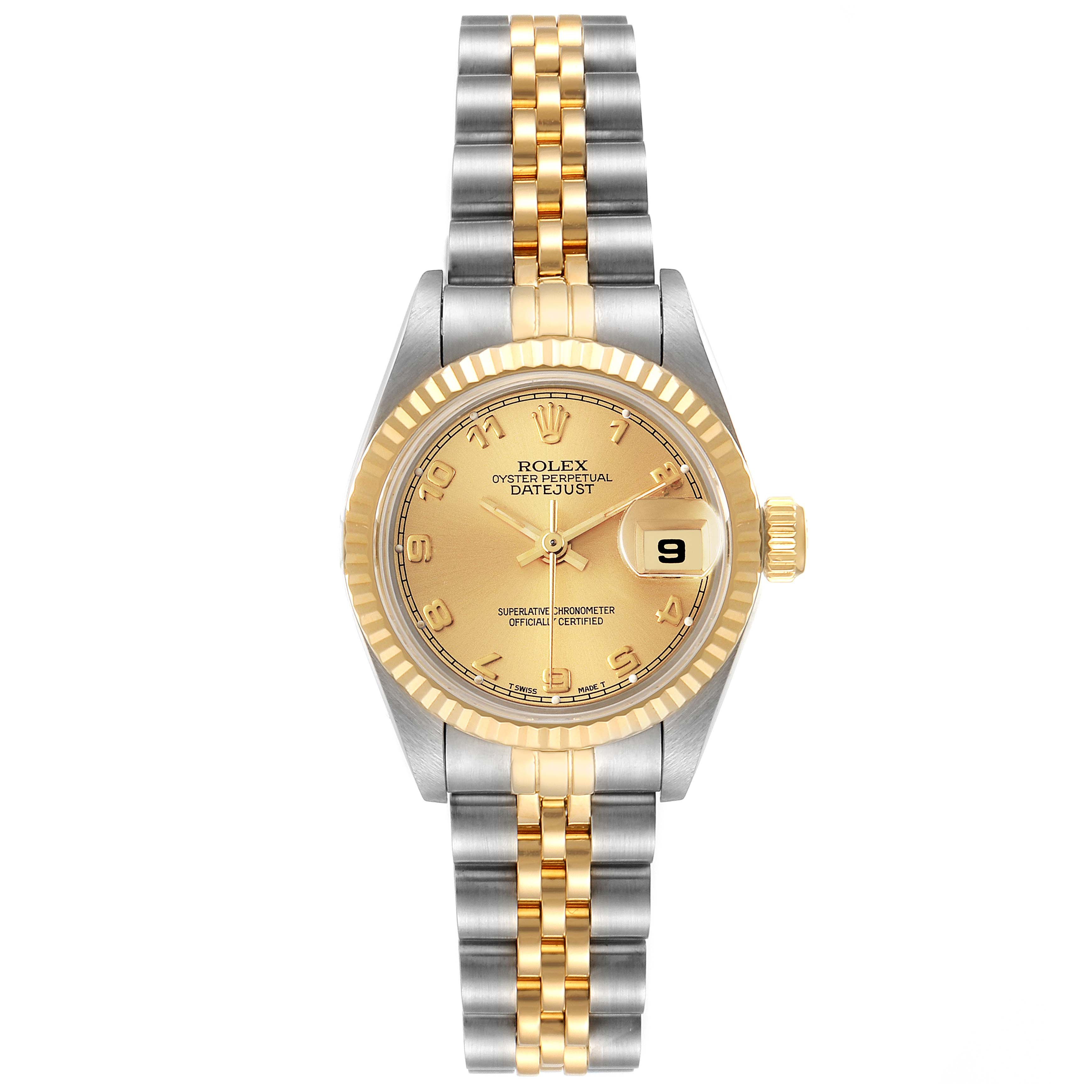 The image shows a Rolex Datejust 69173 Women
s Steel and Gold (two tone) Champagne Dial 69173 Women
s Steel and Gold (two tone) Champagne Dial watch viewed from the front, displaying the dial, case, bezel, bracelet, and crown.
