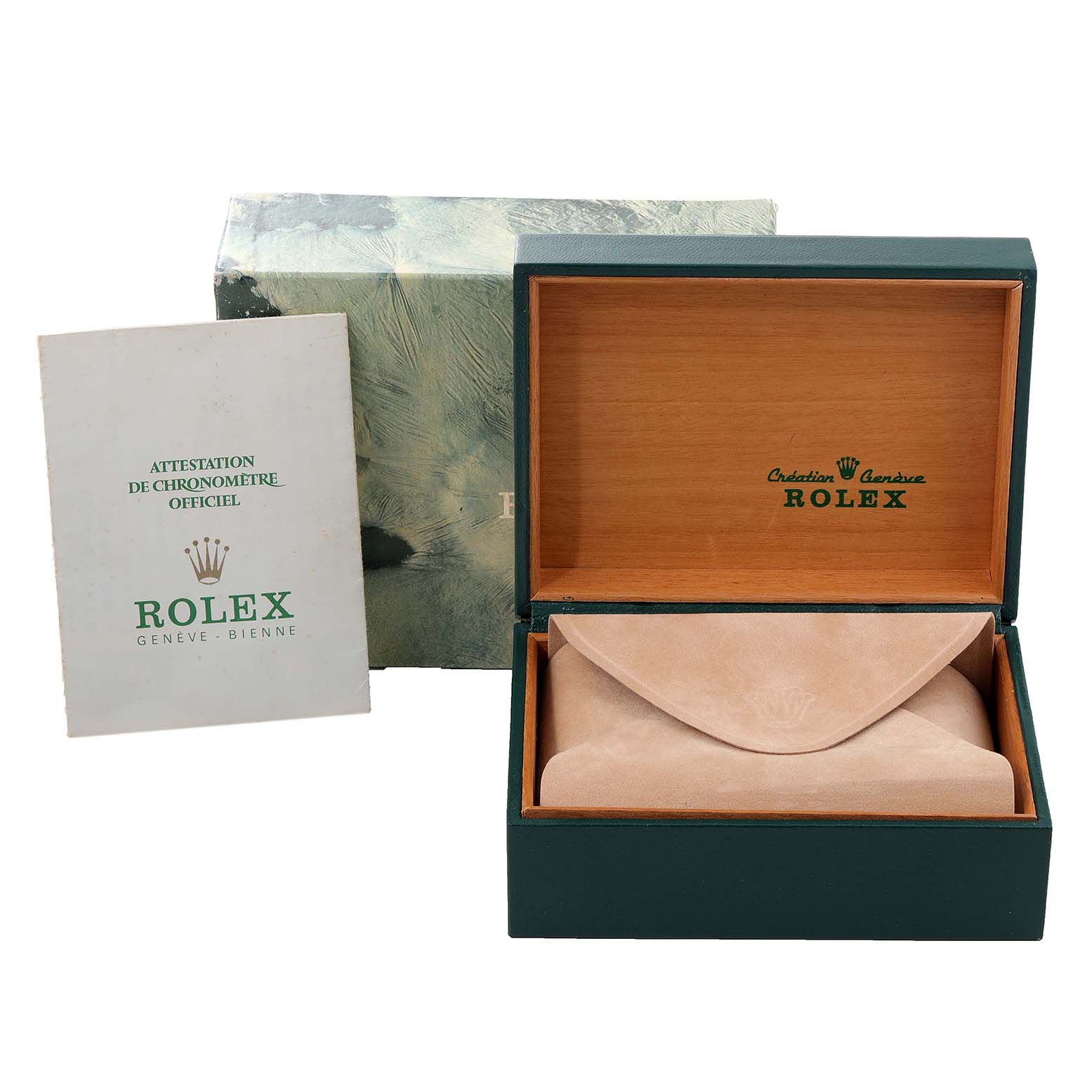 This image shows the box and documentation for the Rolex Vintage Collection 1601 Men's Steel and Gold (two tone) Silver Dial 1601 Men's Steel and Gold (two tone) Silver Dial model, with the box open and a pouch inside.