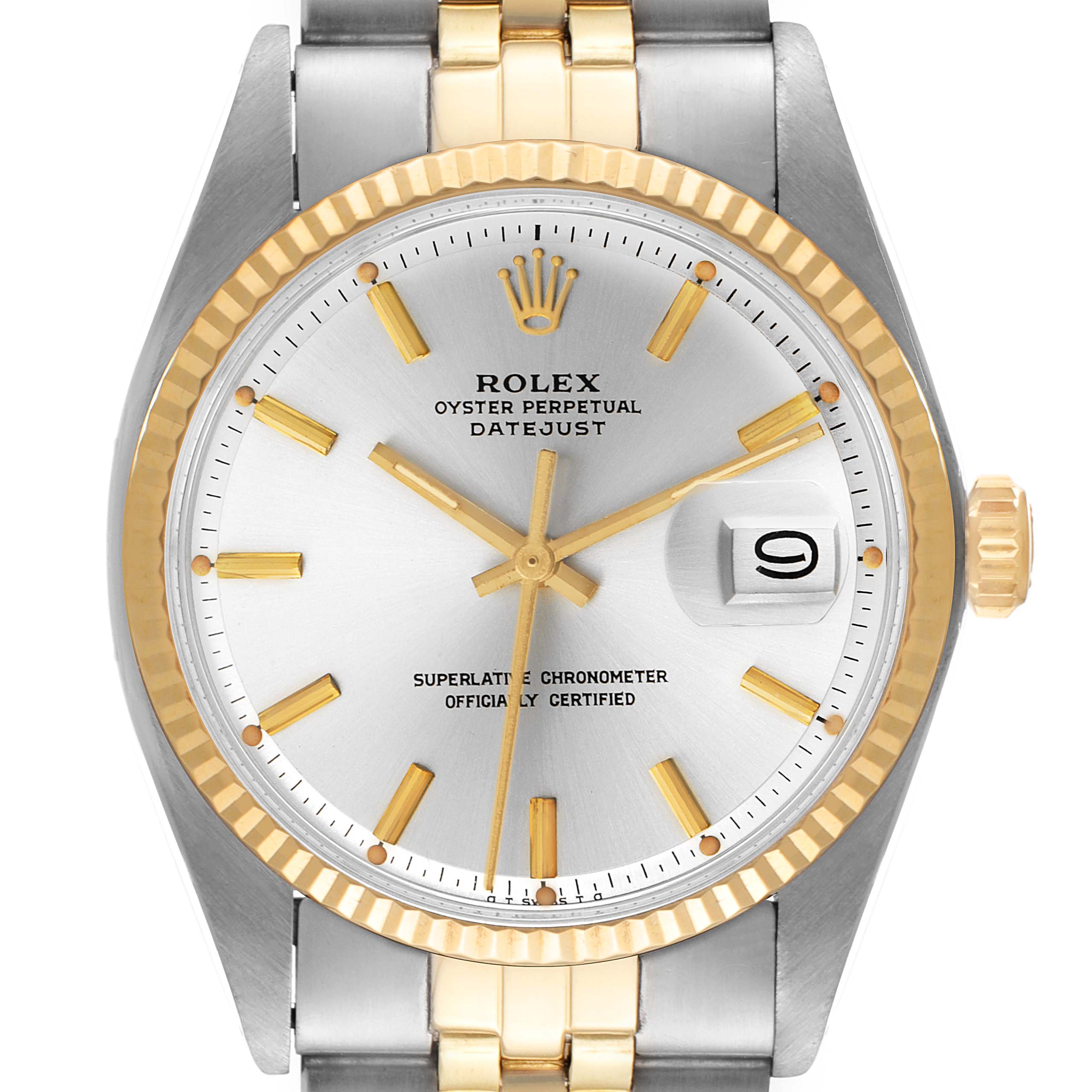 The image shows a front view of the Rolex Vintage Collection 1601 Men's Steel and Gold (two tone) Silver Dial 1601 Men's Steel and Gold (two tone) Silver Dial Datejust watch with a gold and silver bracelet and a white dial.