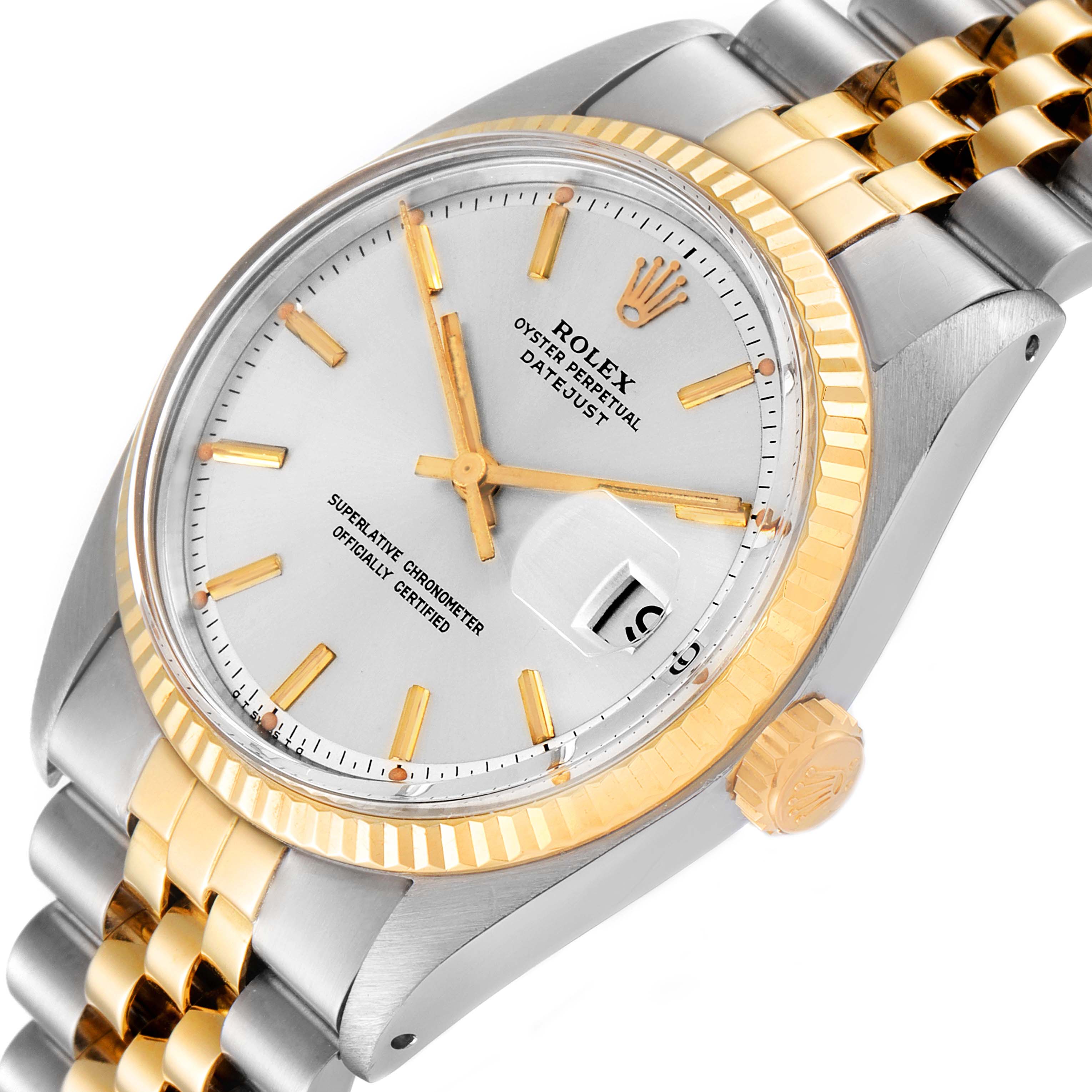 The Vintage Collection Rolex watch is shown at an angle, displaying its face, bezel, crown, and part of the bracelet.