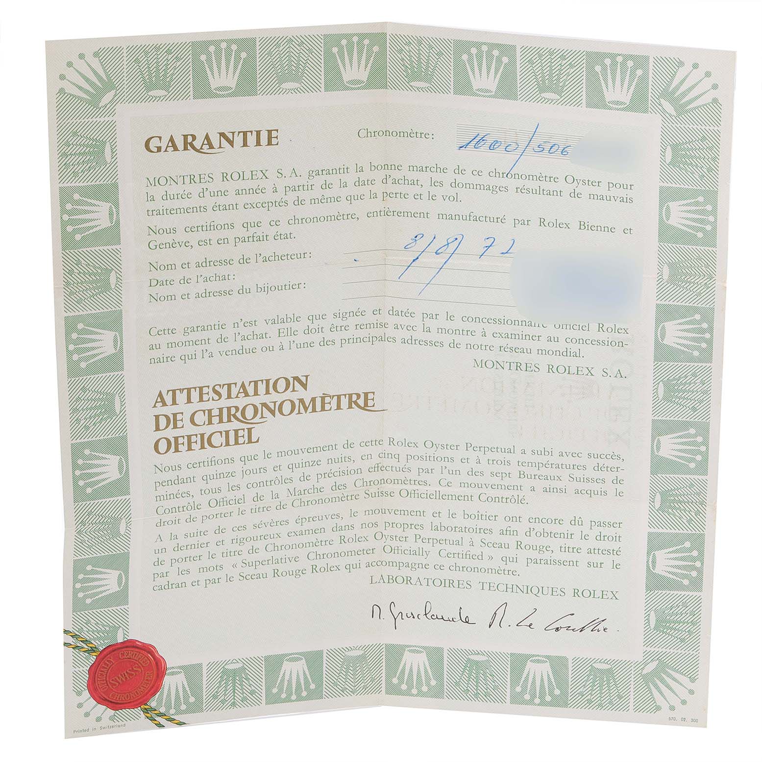 The image shows the guarantee certificate and official chronometer certification for a Vintage Collection model by Rolex.
