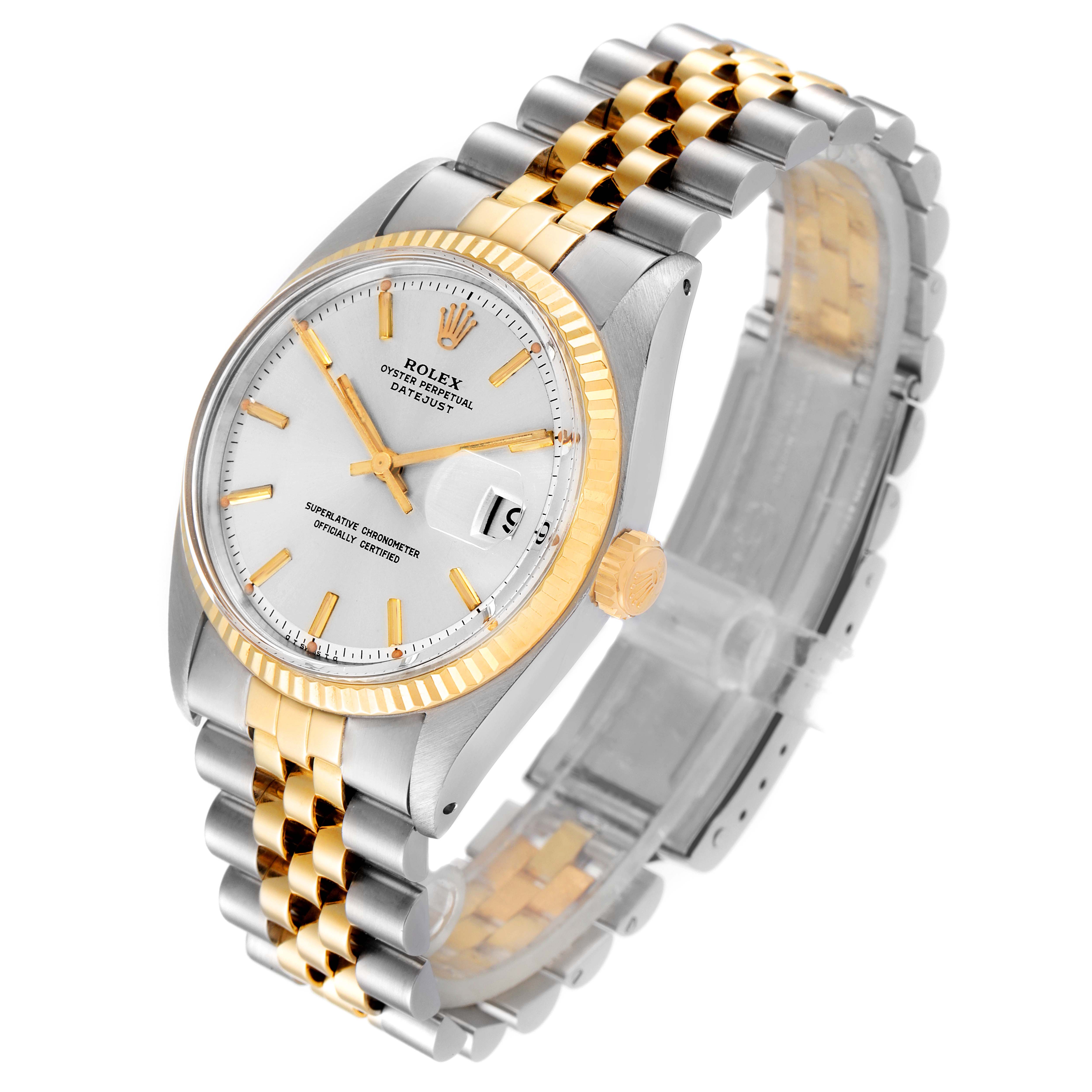 The Rolex Vintage Collection 1601 Men's Steel and Gold (two tone) Silver Dial 1601 Men's Steel and Gold (two tone) Silver Dial model watch is shown from an angled perspective, displaying the face, bezel, crown, and bracelet.