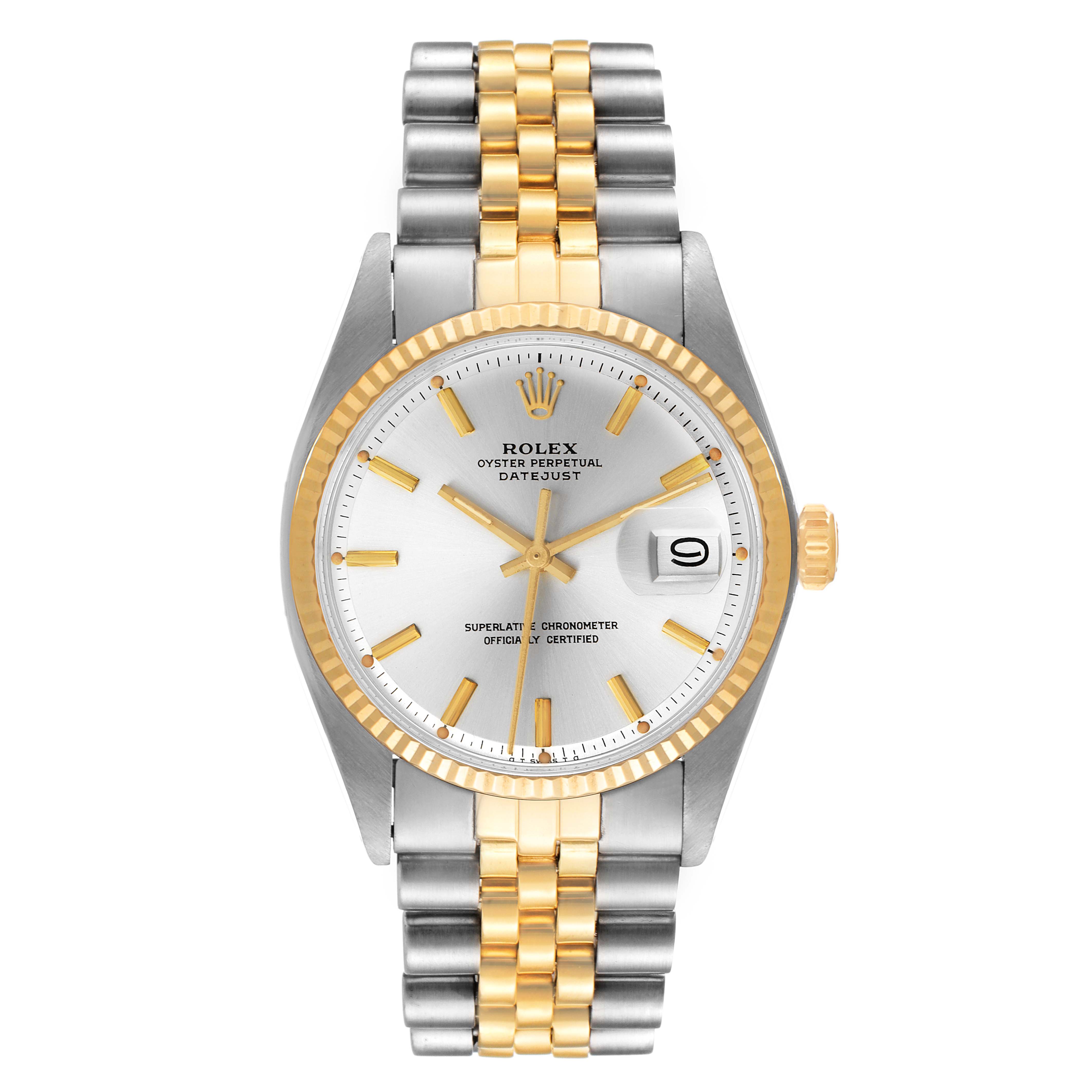 The Rolex Vintage Collection 1601 Men's Steel and Gold (two tone) Silver Dial 1601 Men's Steel and Gold (two tone) Silver Dial watch is shown from a front angle, displaying the dial, bezel, crown, and bracelet.