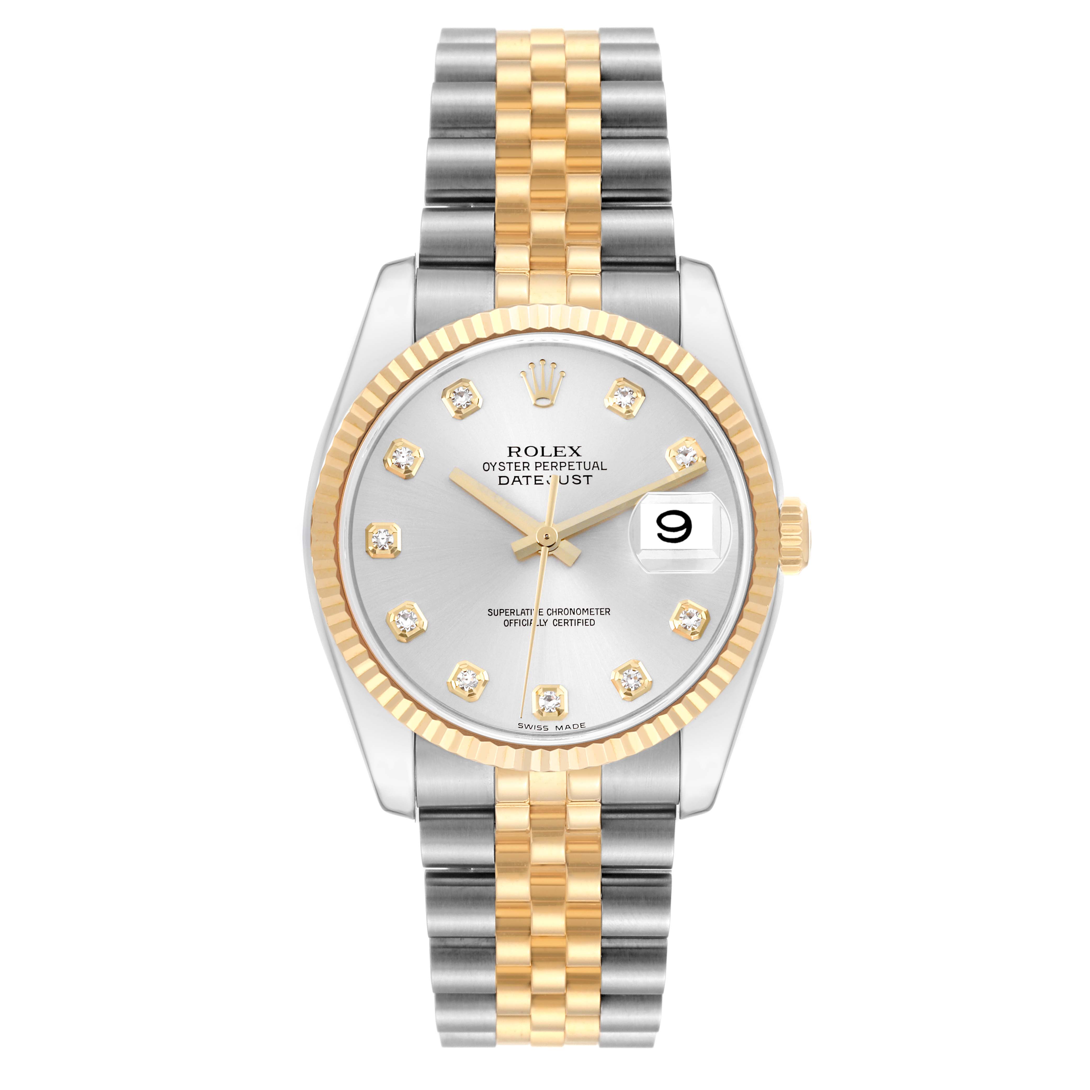 The image shows a front view of a Rolex Datejust 116233 Men's Steel and Gold (two tone) Silver Dial 116233 Men's Steel and Gold (two tone) Silver Dial watch with a Jubilee bracelet and a silver dial.