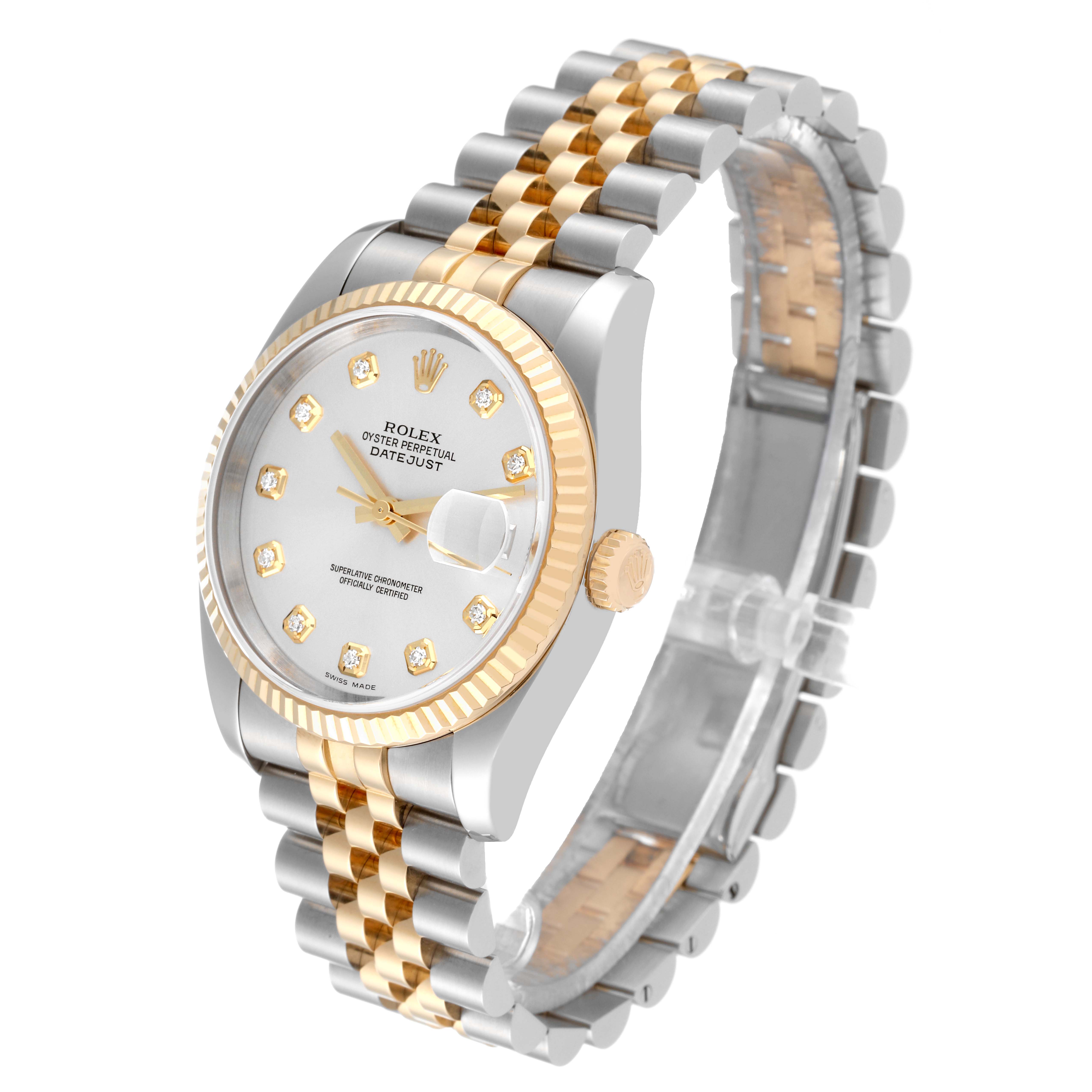The image shows a side and front angle of the Rolex Datejust 116233 Men's Steel and Gold (two tone) Silver Dial 116233 Men's Steel and Gold (two tone) Silver Dial watch, highlighting its dial, fluted bezel, and Jubilee bracelet.