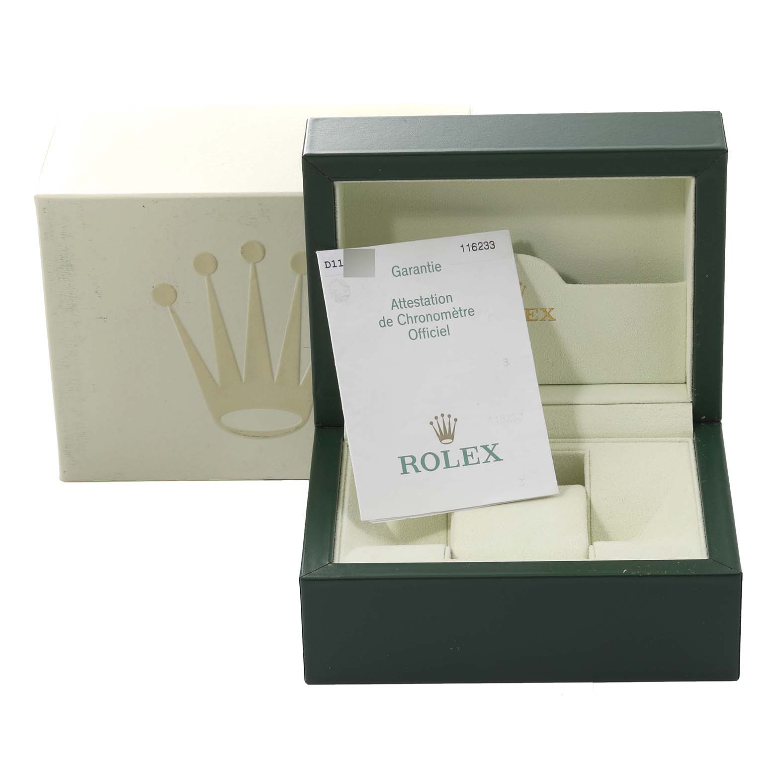 The image shows an open Rolex Datejust 116233 Men's Steel and Gold (two tone) Silver Dial 116233 Men's Steel and Gold (two tone) Silver Dial watch box with its official warranty card displayed inside.