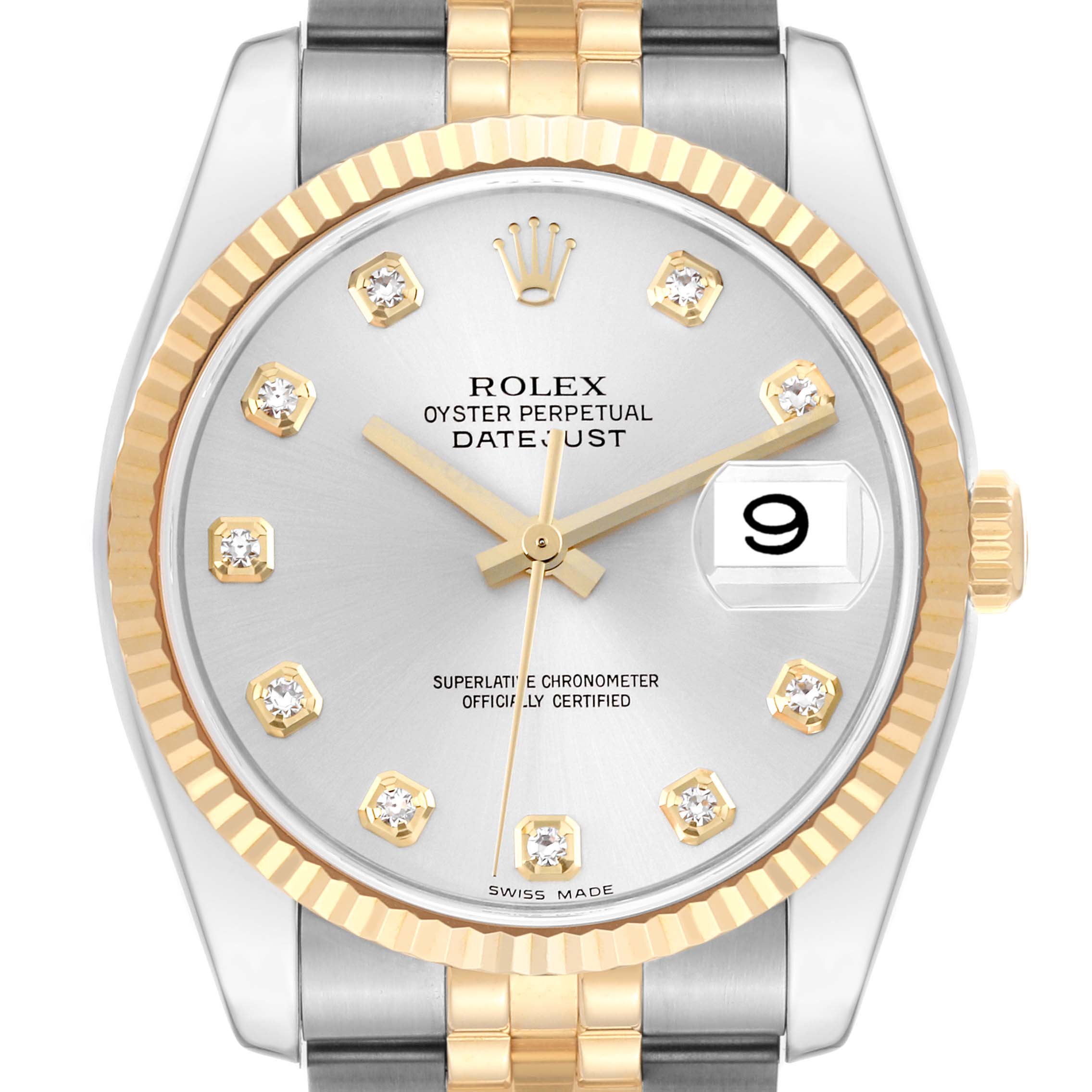 The image shows a close-up of the dial, fluted bezel, and part of the bracelet of a Rolex Datejust 116233 Men's Steel and Gold (two tone) Silver Dial 116233 Men's Steel and Gold (two tone) Silver Dial watch.