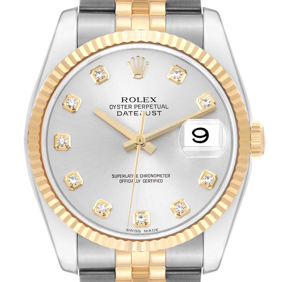 Rolex Datejust Steel Yellow Gold Silver Diamond Dial Mens Watch 116233 Box Papers SwissWatchExpo